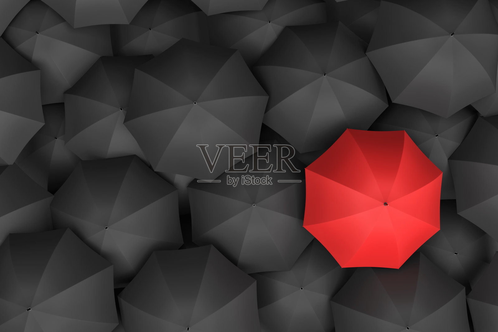 打开明亮的红色伞的3d渲染高耸在无数类似的黑色伞照片摄影图片