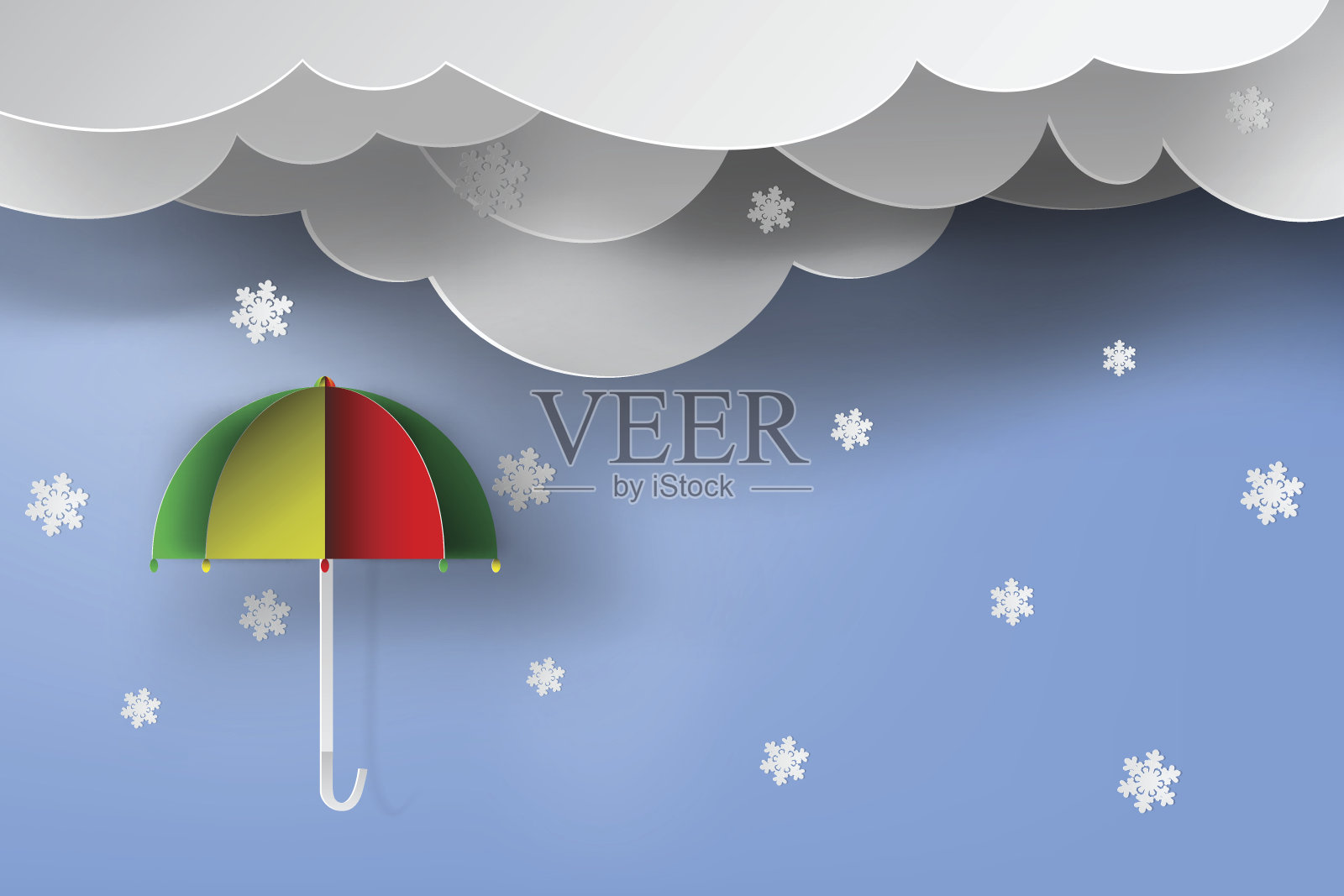 纸艺的彩色伞以冬、雪、蓝天为载体插画图片素材