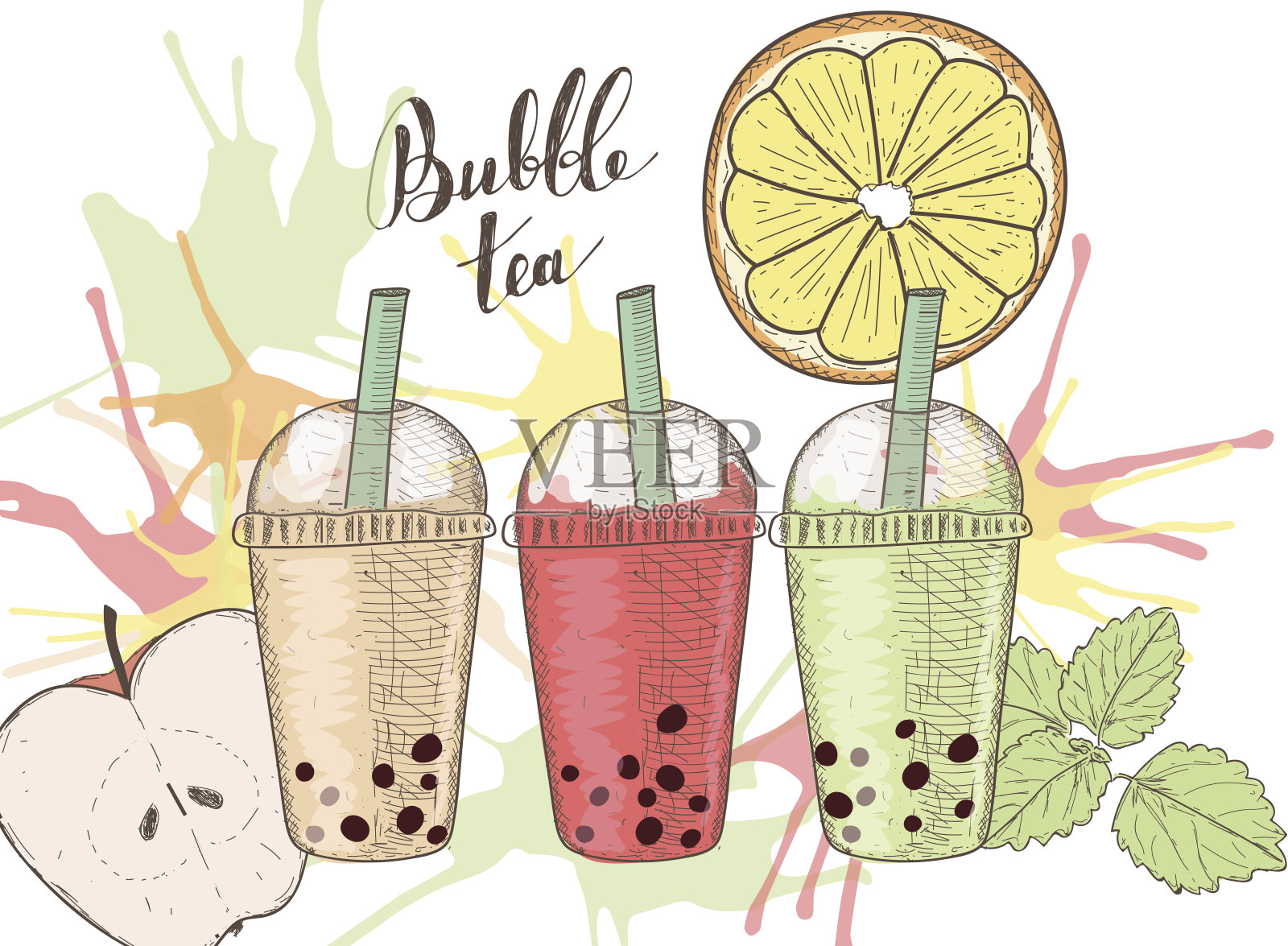 三个塑料杯，里面有珍珠奶茶，水果和五颜六色的水花插画图片素材