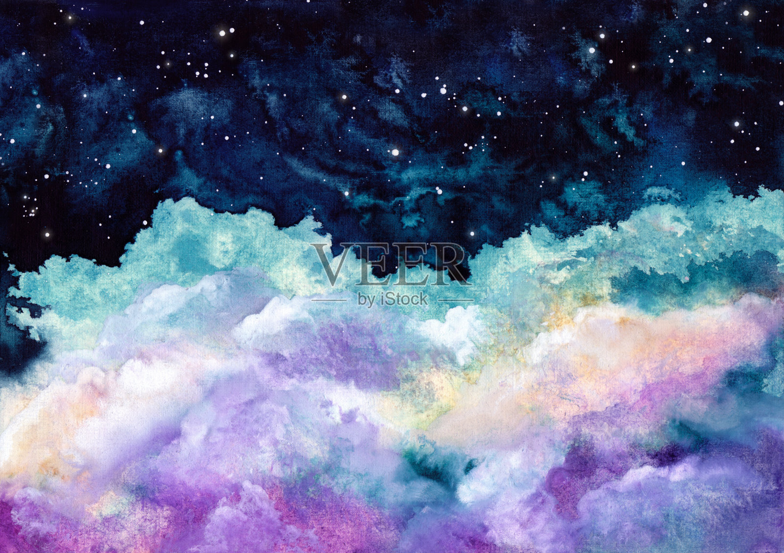 水彩蓝色的天空和紫色的云。抽象的背景插画图片素材