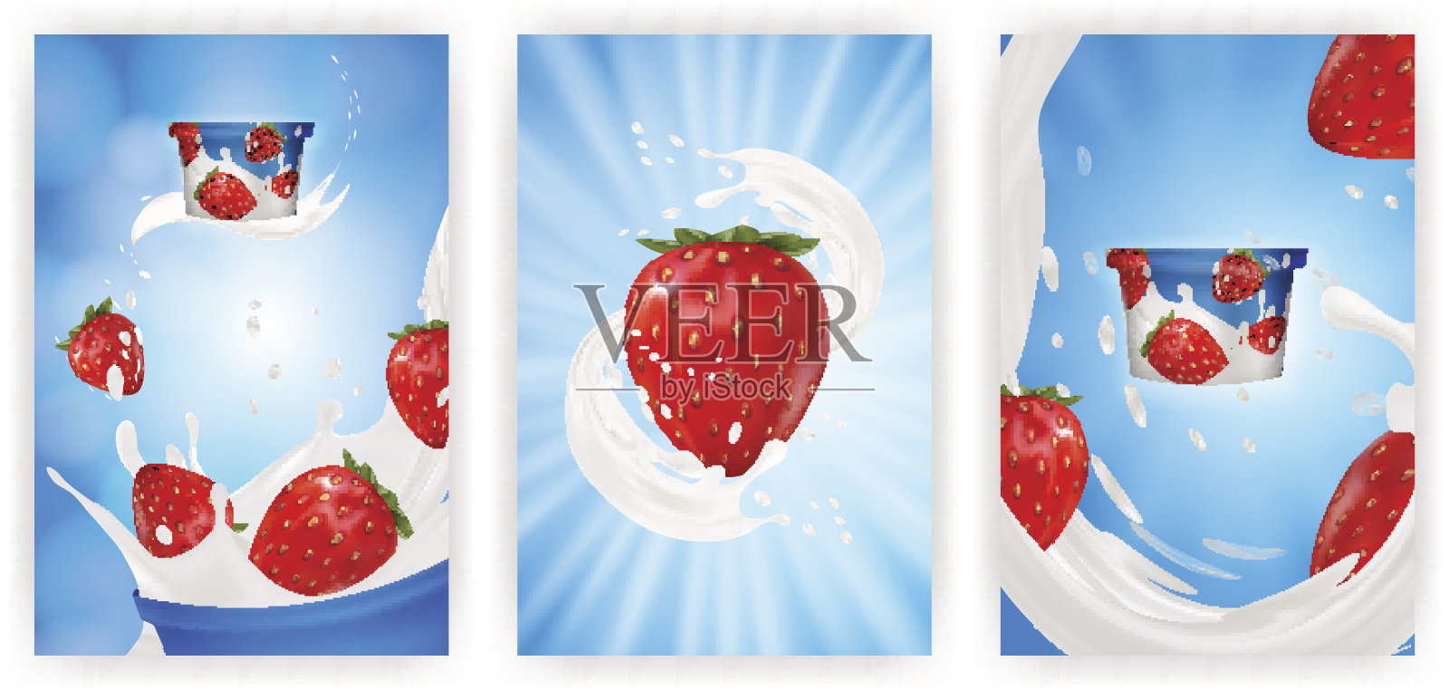 牛奶广告或3d草莓酸奶风味促销套装。牛奶飞溅与水果孤立的蓝色背景。即食燕麦片广告，开放式背景，3d插图插画图片素材