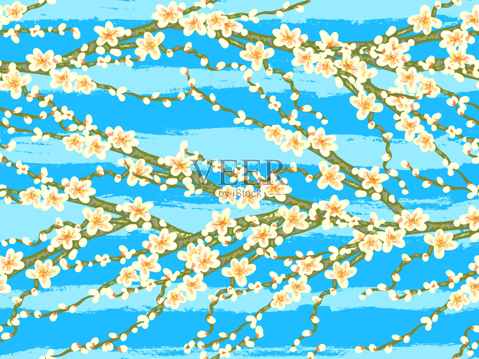 无缝图案与日本白色樱花。复古矢量植物插图矢量背景。完美的壁纸，图案填充，网页背景，表面纹理，纺织品插画图片素材