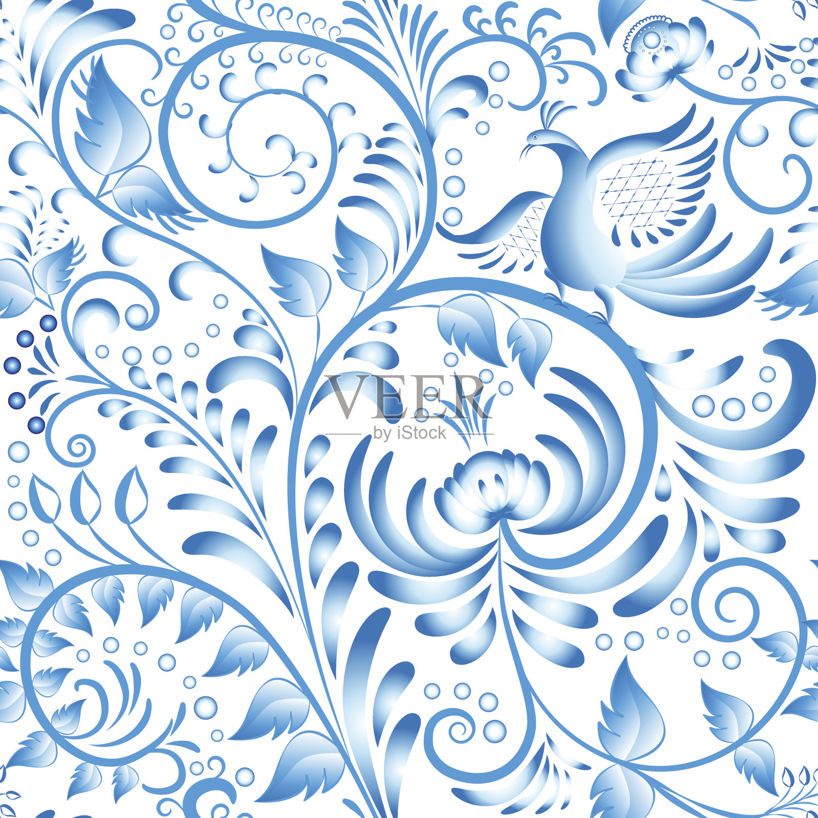 无缝的花卉图案。蓝色的格泽尔风格和花鸟。程式化中国瓷器装饰品。插画图片素材
