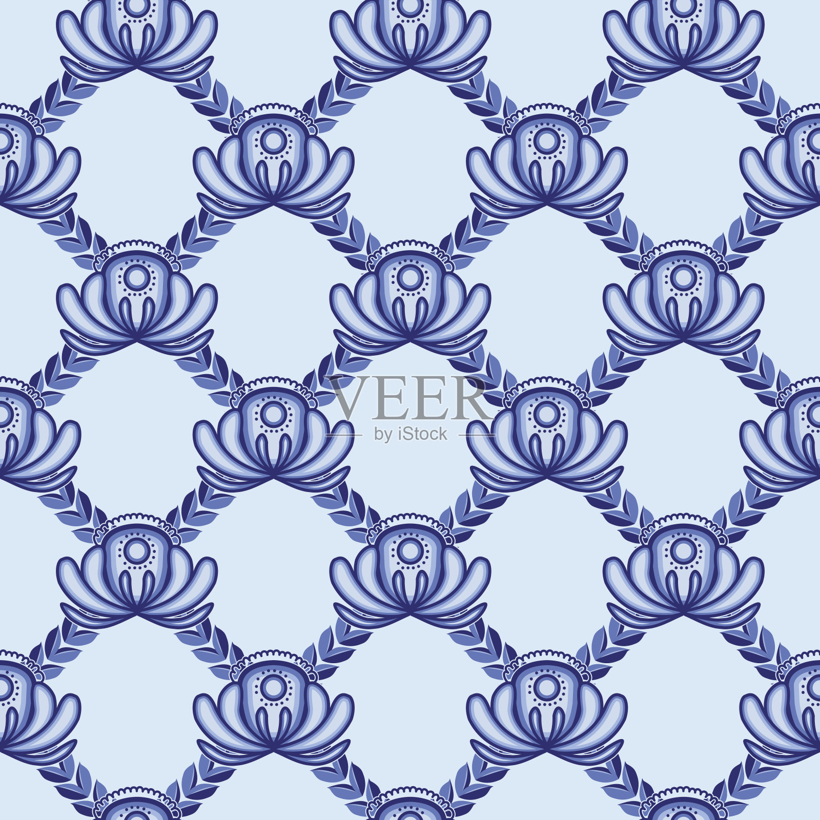 由蓝色的花朵和叶子组成的格子。Gzhel风格的无缝模式。插画图片素材