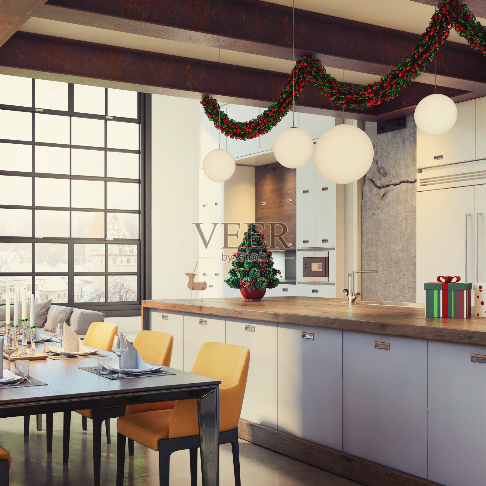 现代阁楼公寓内部餐厅和厨房与圣诞装饰照片摄影图片
