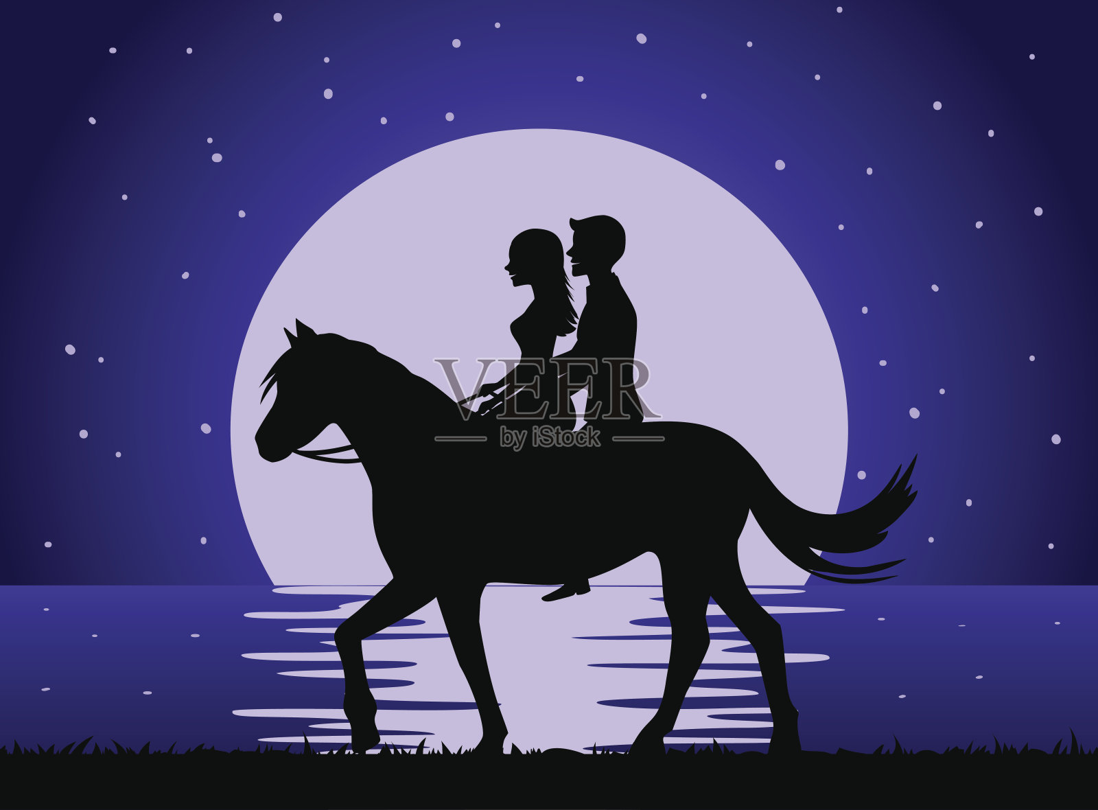 浪漫的背景与夫妇在月光下骑马星夜剪影矢量插图插画图片素材
