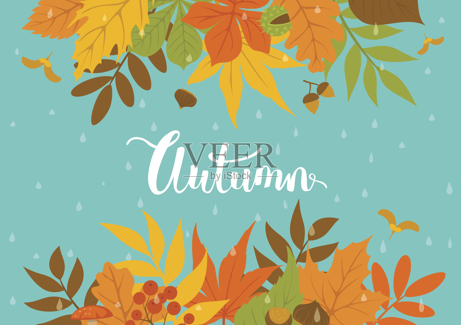 秋天的秋天公园的叶子头部边界背景上的蓝色纹理与雨滴插画图片素材