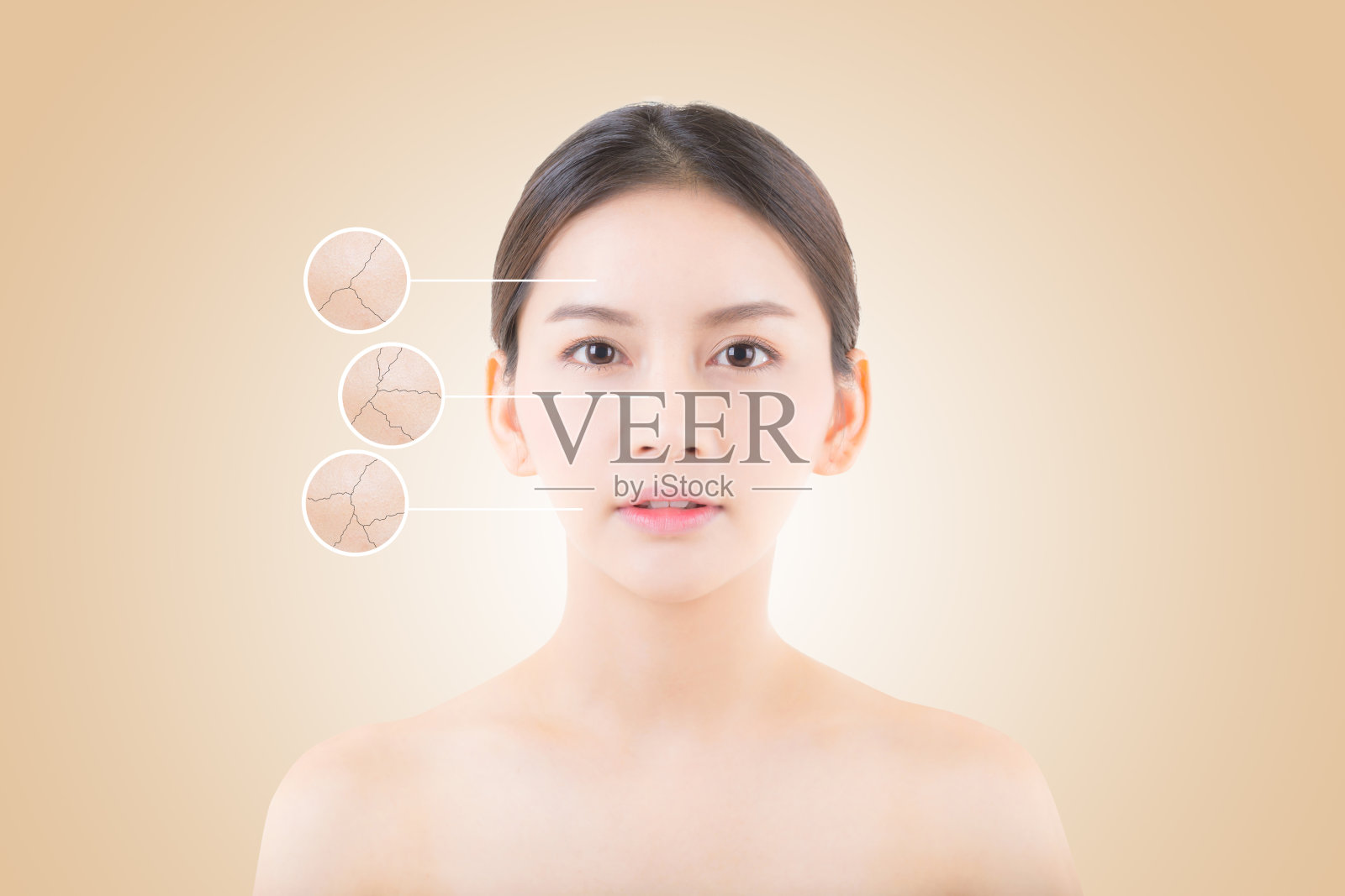 护肤和健康的概念-美丽的亚洲年轻女子脸上的皱纹圈广告。照片摄影图片