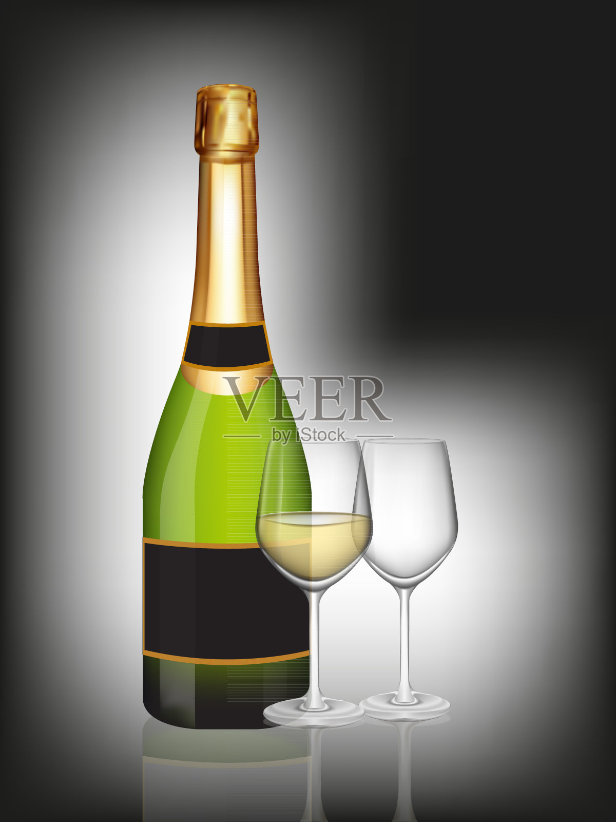 绿色香槟瓶和两杯黑色香槟杯插画图片素材