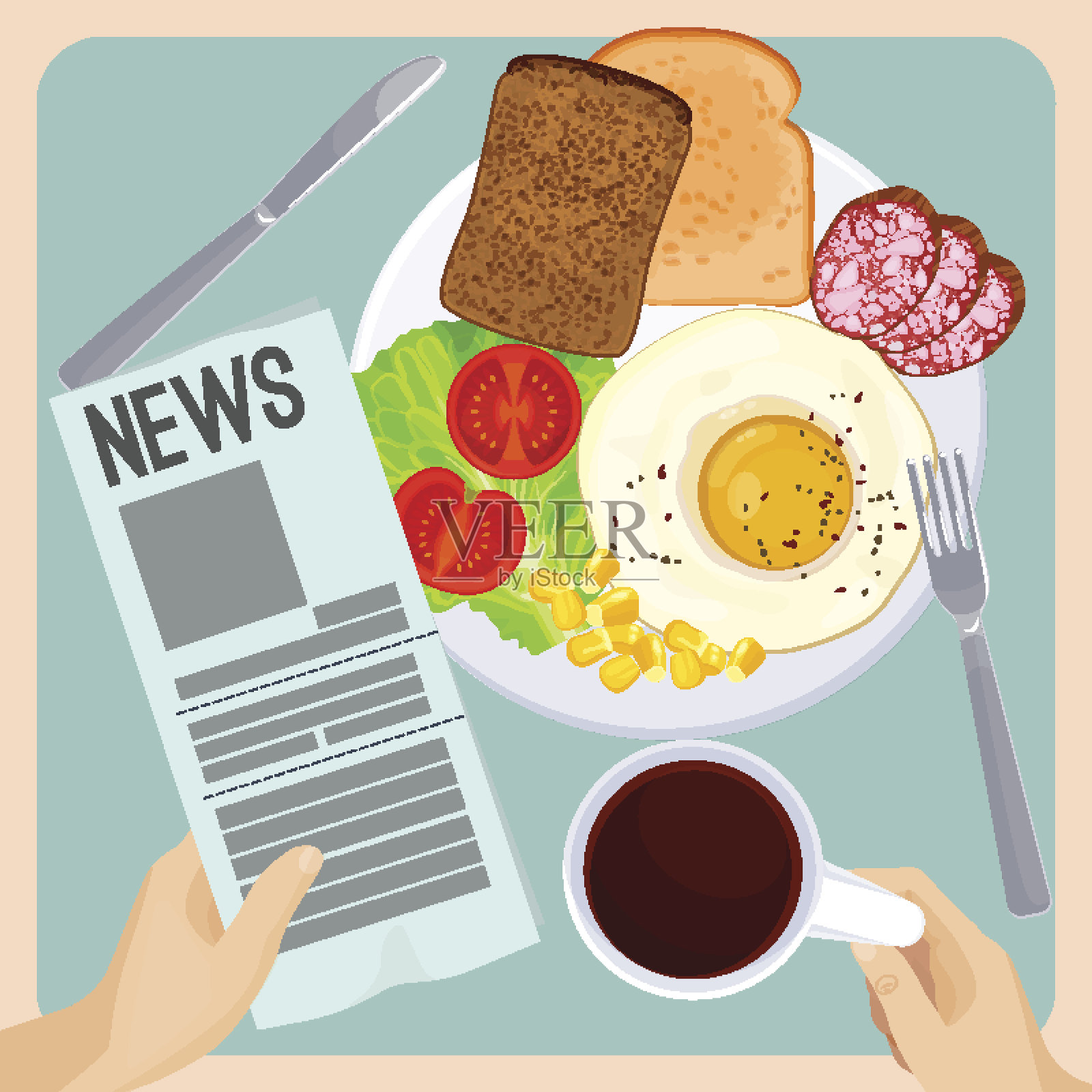早餐与新鲜的报纸孤立的插图浅蓝色插画图片素材