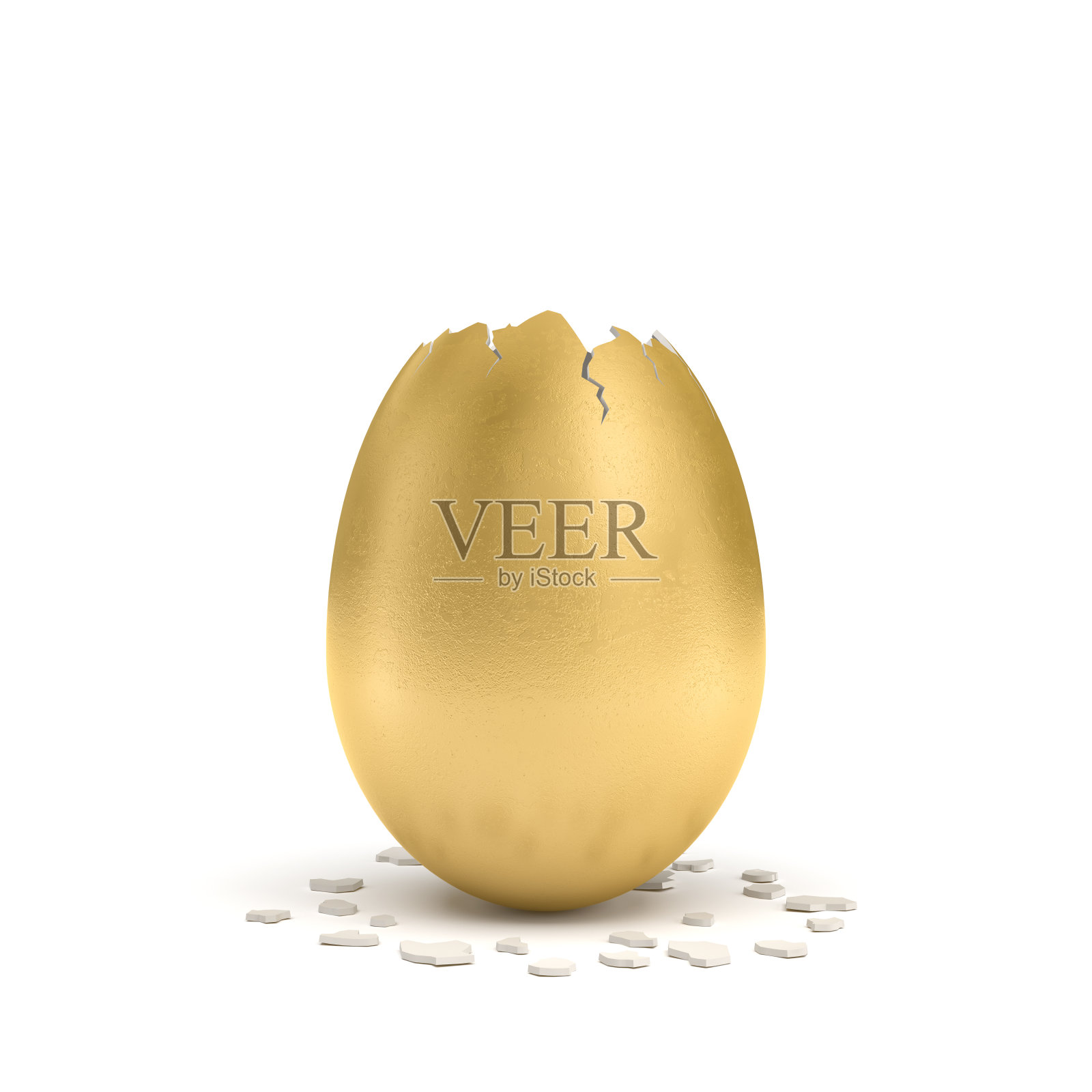 一个大的金蛋的3d渲染，一个破裂的尖顶和小的蛋壳碎片躺在白色的背景照片摄影图片