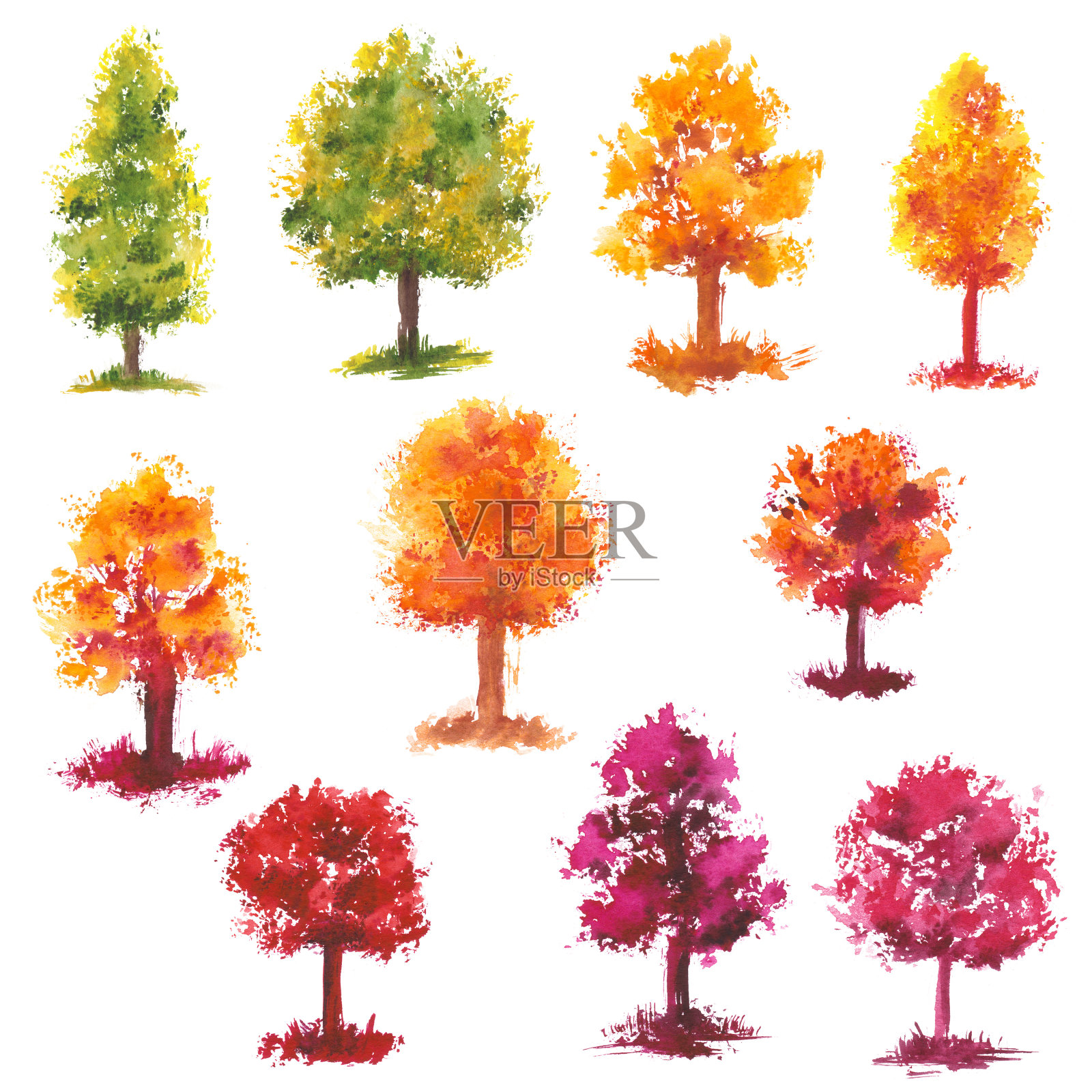 一套水彩秋天的绿色，黄色和粉红色的树设计元素图片