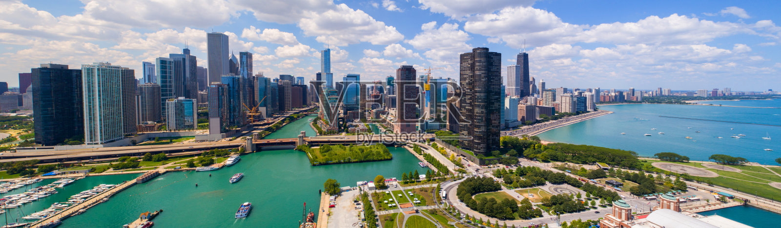 空中全景图，2017年夏天的芝加哥市中心照片摄影图片