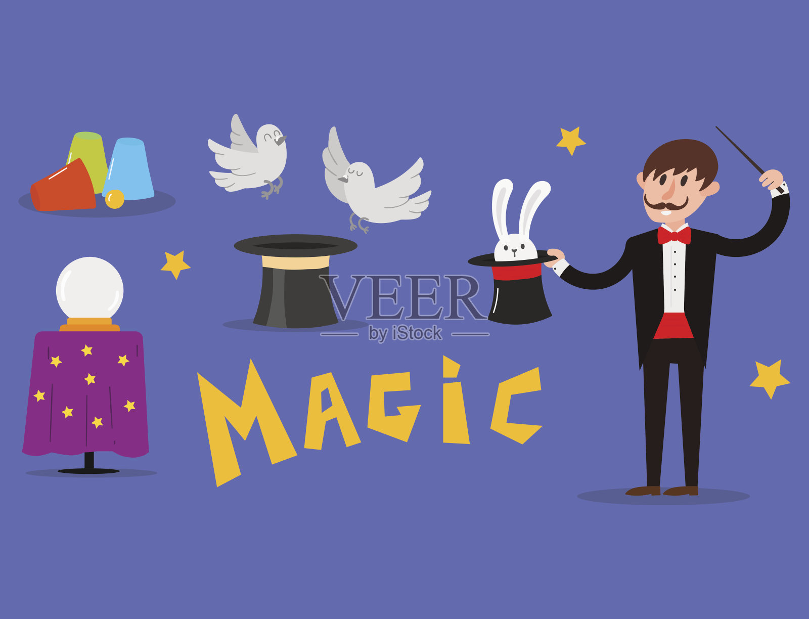 魔术师变戏法者，变戏法者，变戏法者，魔术师角色，戏法变戏法者矢量插图魔术魔术师表演卡通人插画图片素材