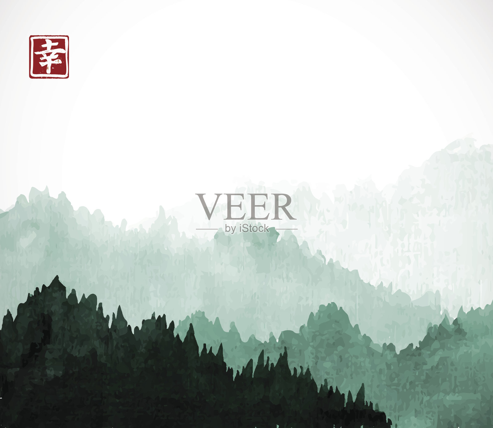 绿色的山与森林树木在雾。包含象形文字-幸福。传统的东方水墨画粟娥、月仙、围棋。背景图片素材