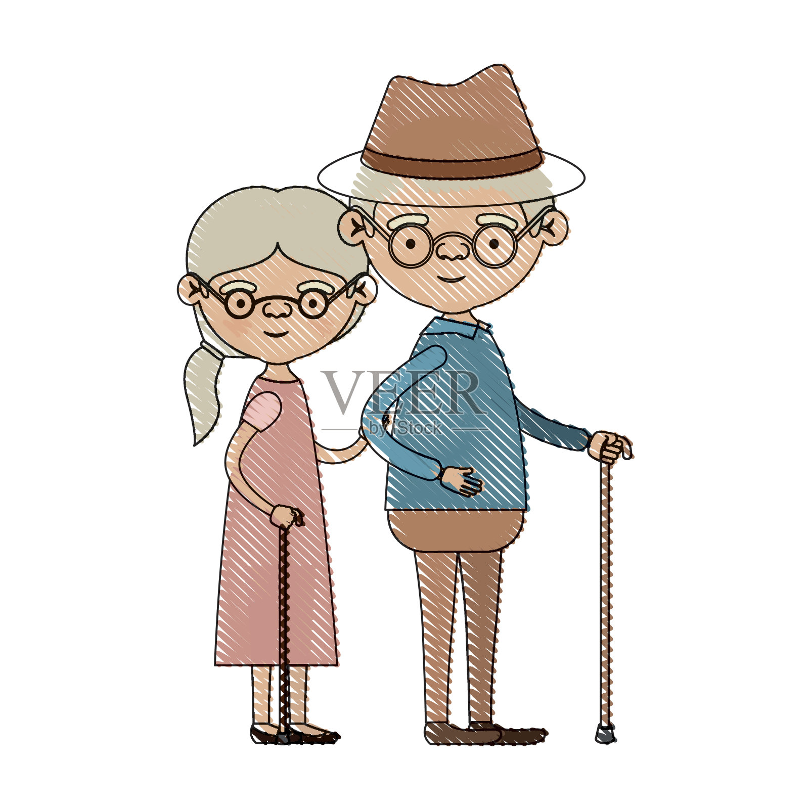 彩色蜡笔剪影老人夫妇在拐杖边，奶奶马尾辫发型在服装和爷爷戴着帽子和眼镜插画图片素材