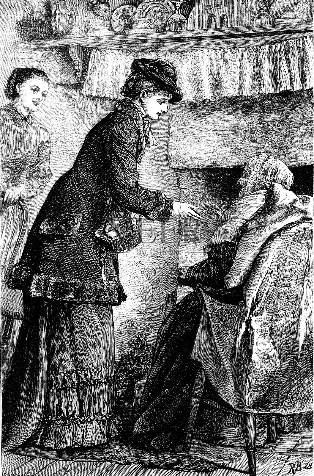19世纪的蚀刻画:一位穿着华丽的女士拜访一位坐在火炉旁的老妇人的农舍;1881年维多利亚时代的慈善事业插画图片素材