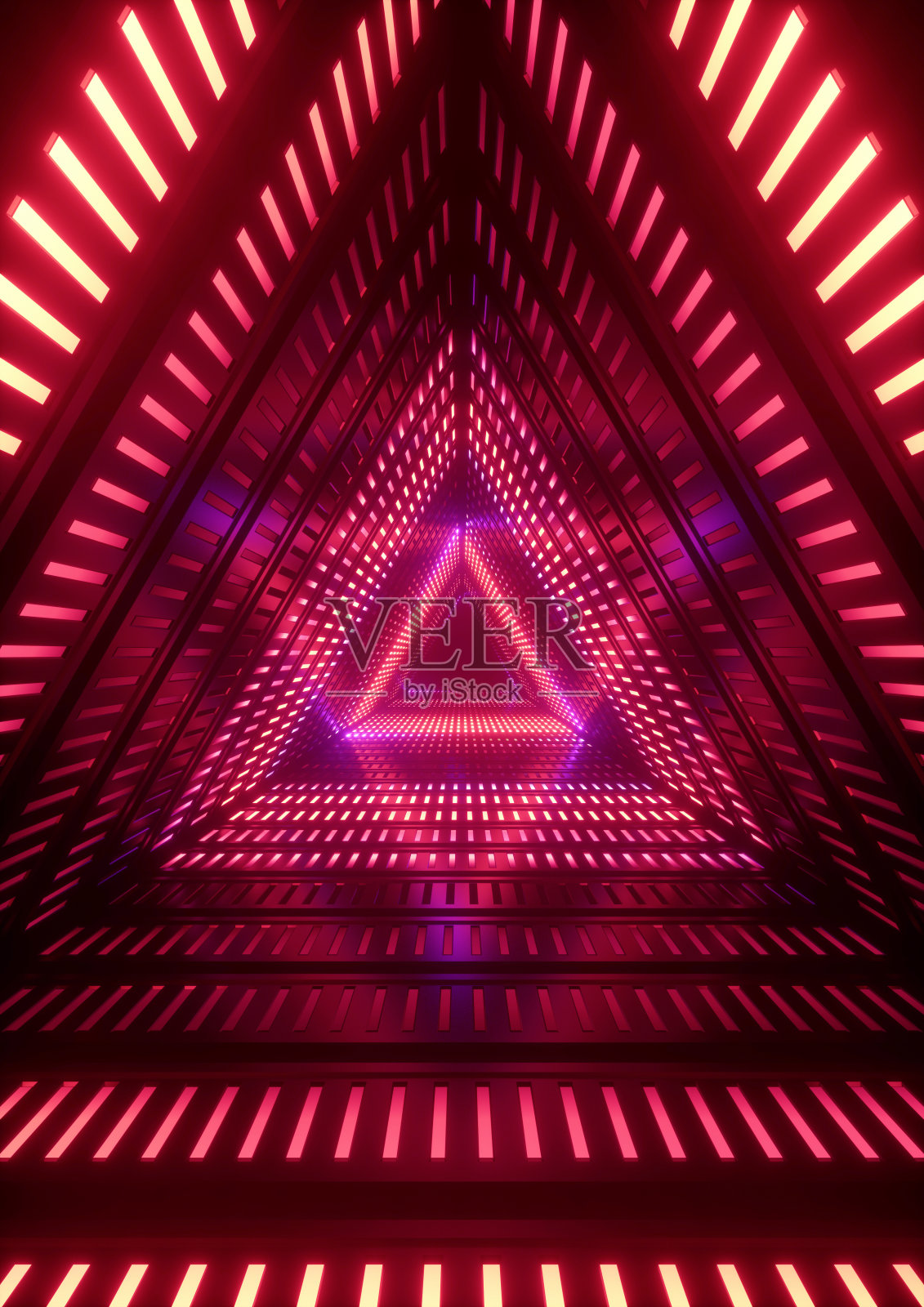 3d渲染，红色霓虹灯，三角形隧道，抽象几何背景照片摄影图片
