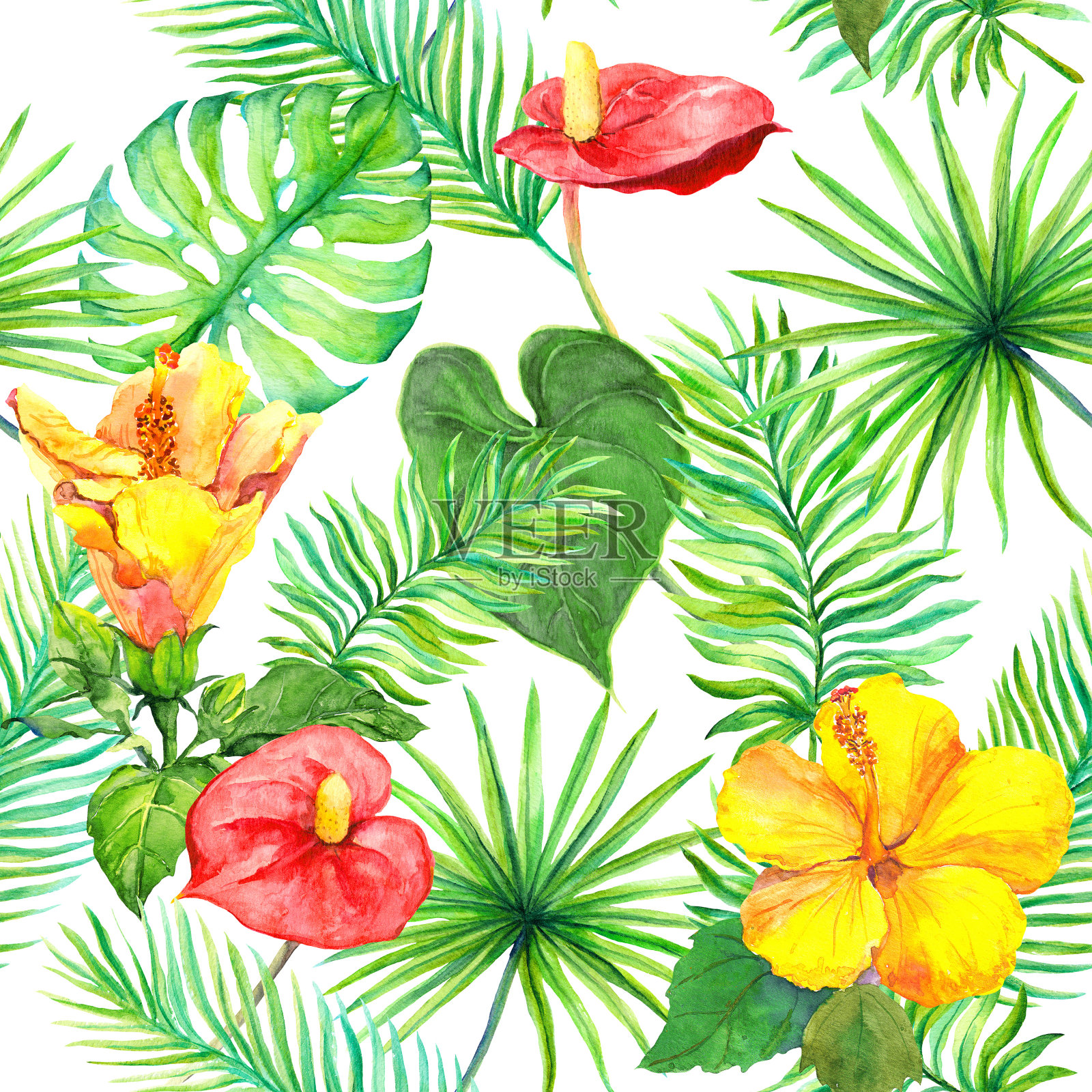 热带的叶子，奇异的花朵。无缝的丛林模式。水彩画插画图片素材