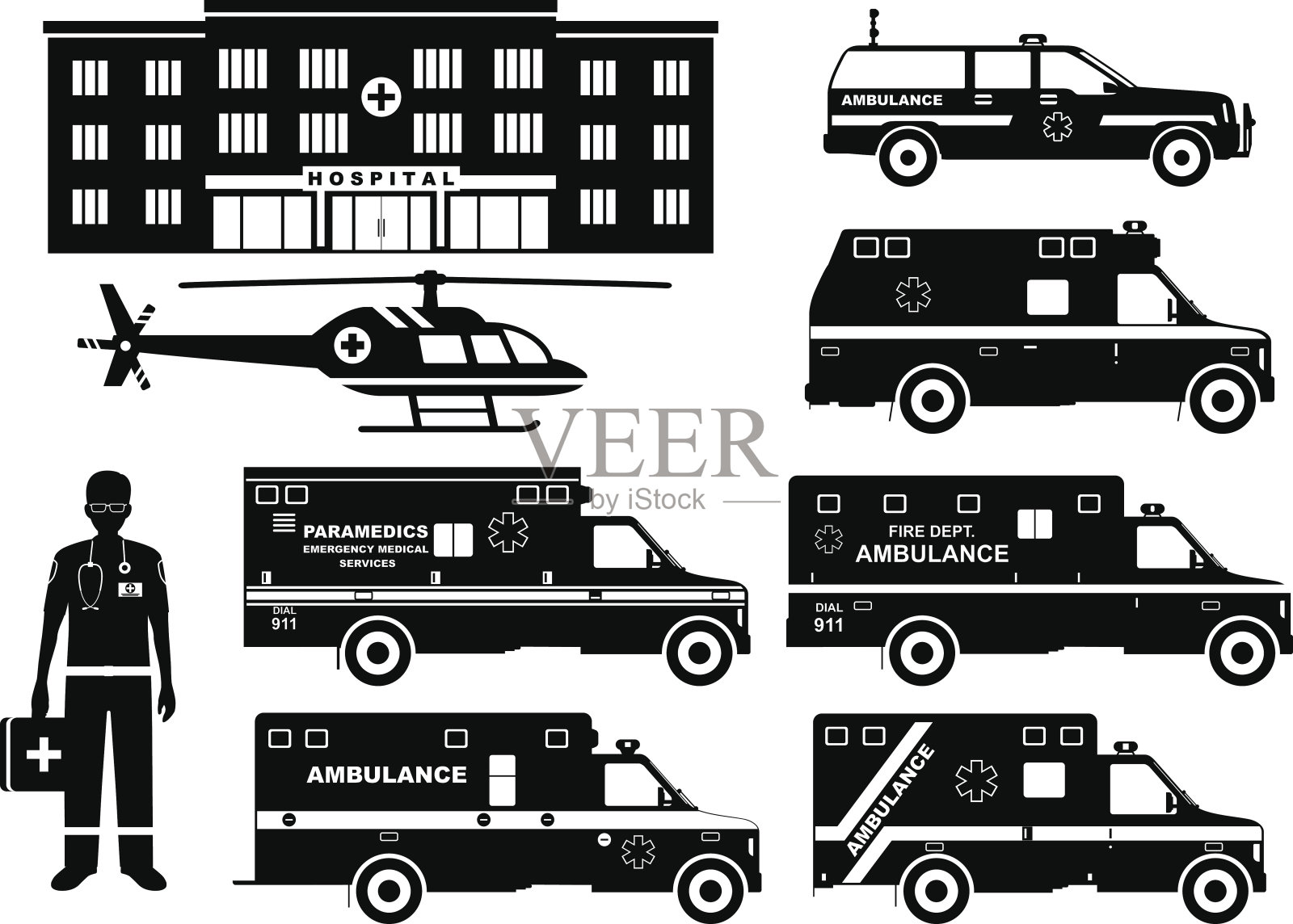 医学概念。一组不同的剪影救护车，医院，急救医生和直升机孤立在白色的背景。矢量插图。插画图片素材