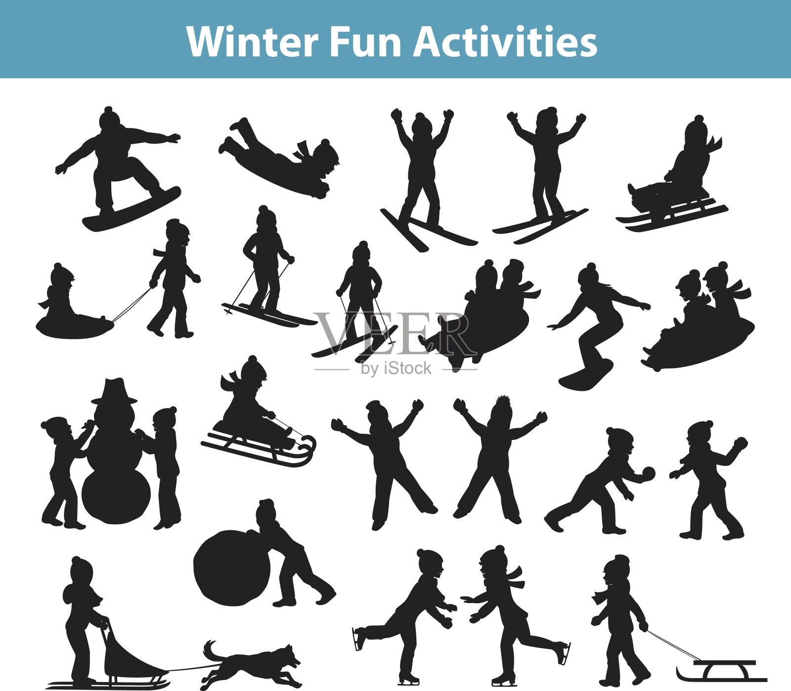 孩子们的冬季趣味活动在冰雪剪影中展开插画图片素材