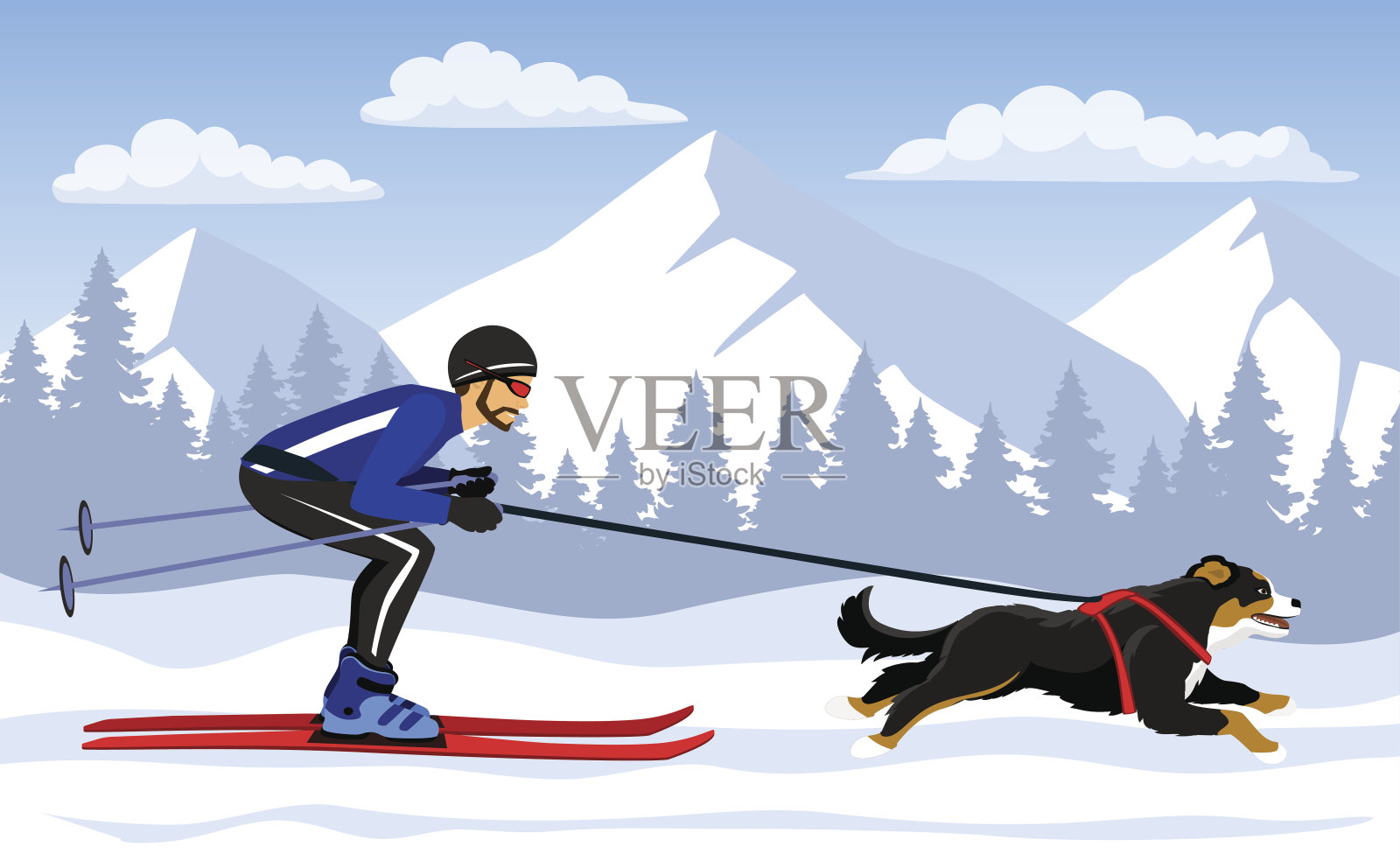 男子斯基约林和他的狗伯恩斯在山上插画图片素材