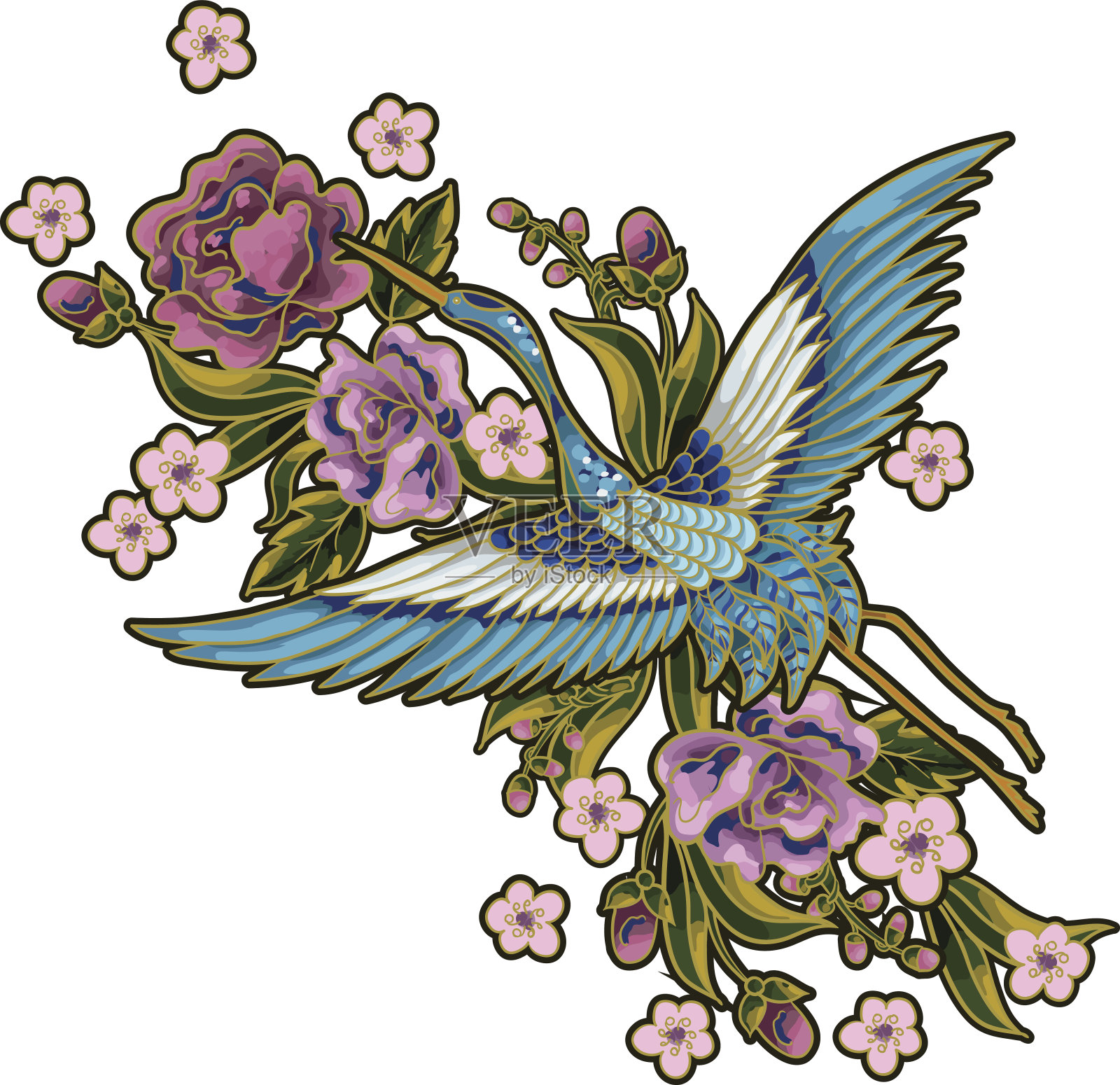 带有粉色花朵元素的日本蓝鹤。刺绣设计，织物绘画。插画图片素材