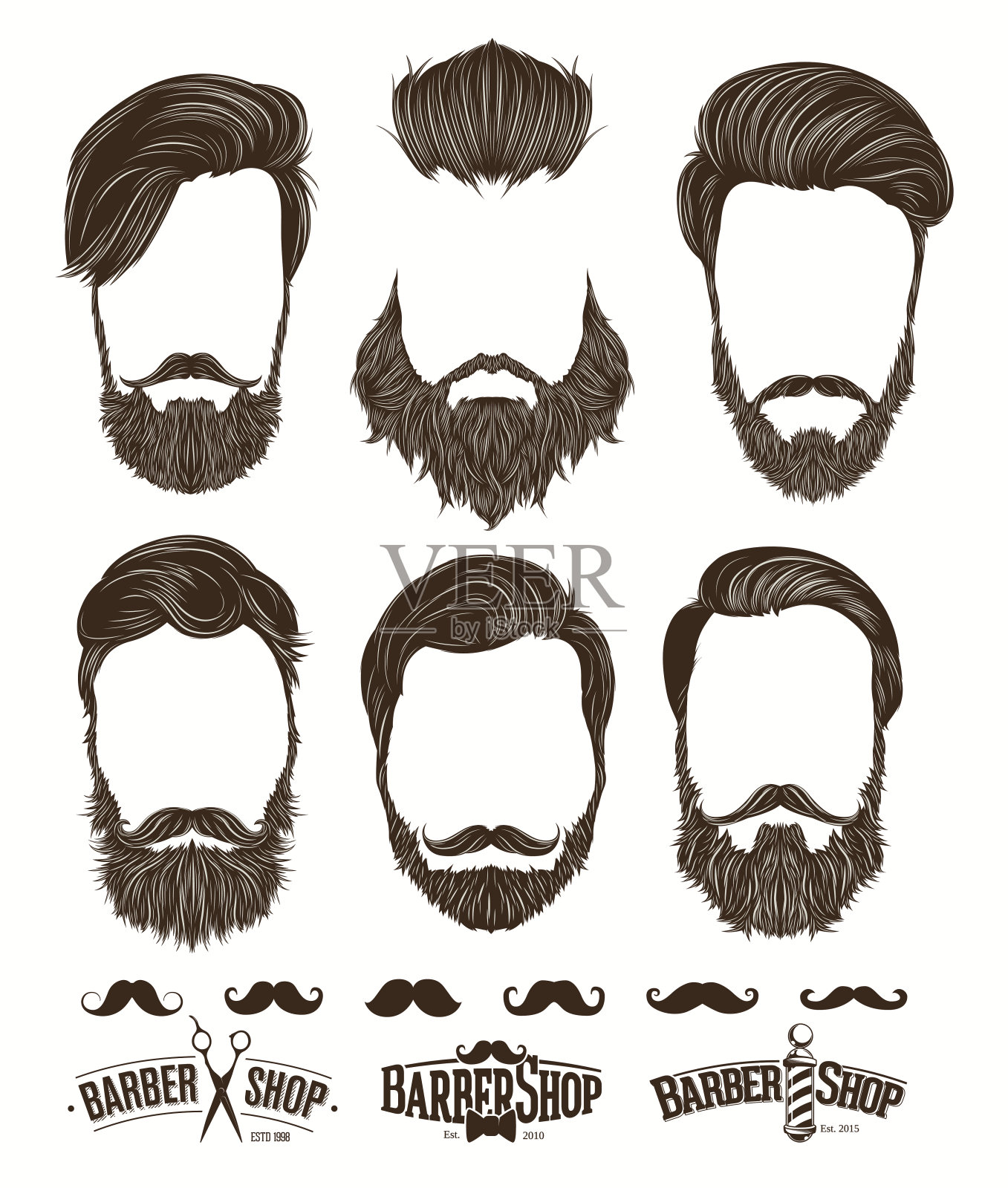 发型和胡子时髦，理发店标志设置矢量插图插画图片素材