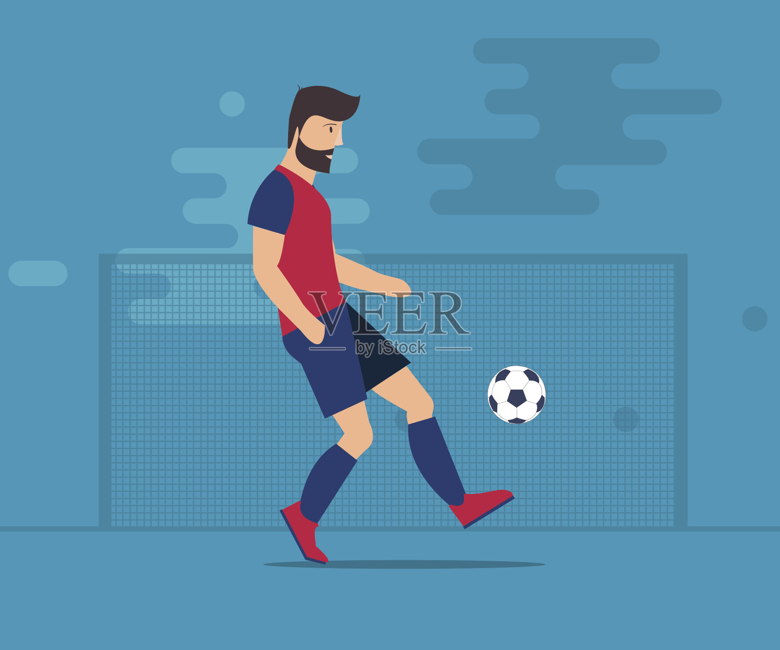 留胡子的男人踢足球。足球孤立矢量插图上的蓝色背景。插画图片素材