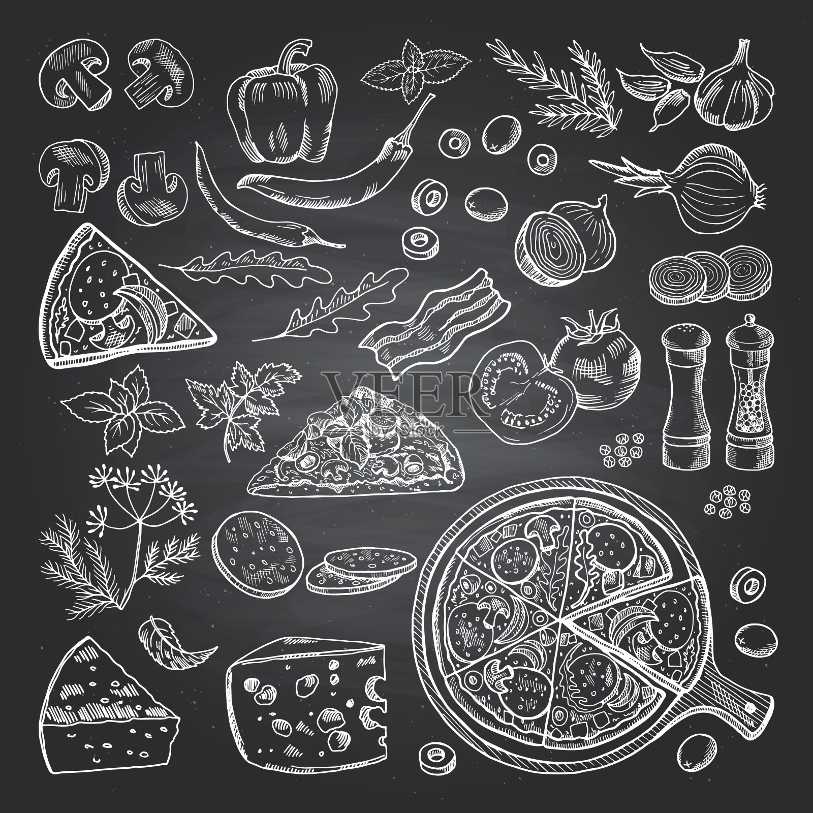 黑色黑板上的披萨配料图。意大利厨房的图片插画图片素材