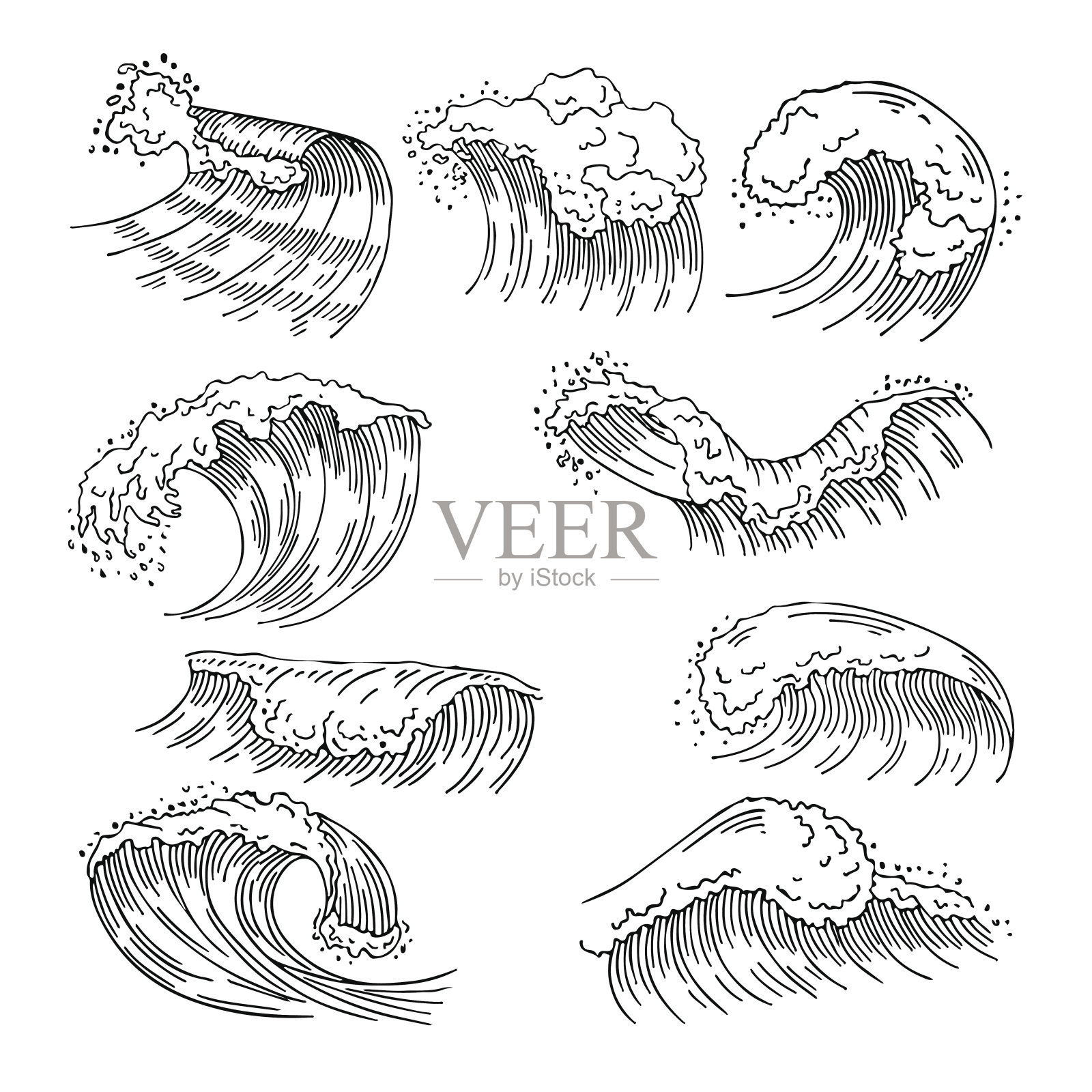 水花和大浪的海洋插图。矢量手绘图插画图片素材