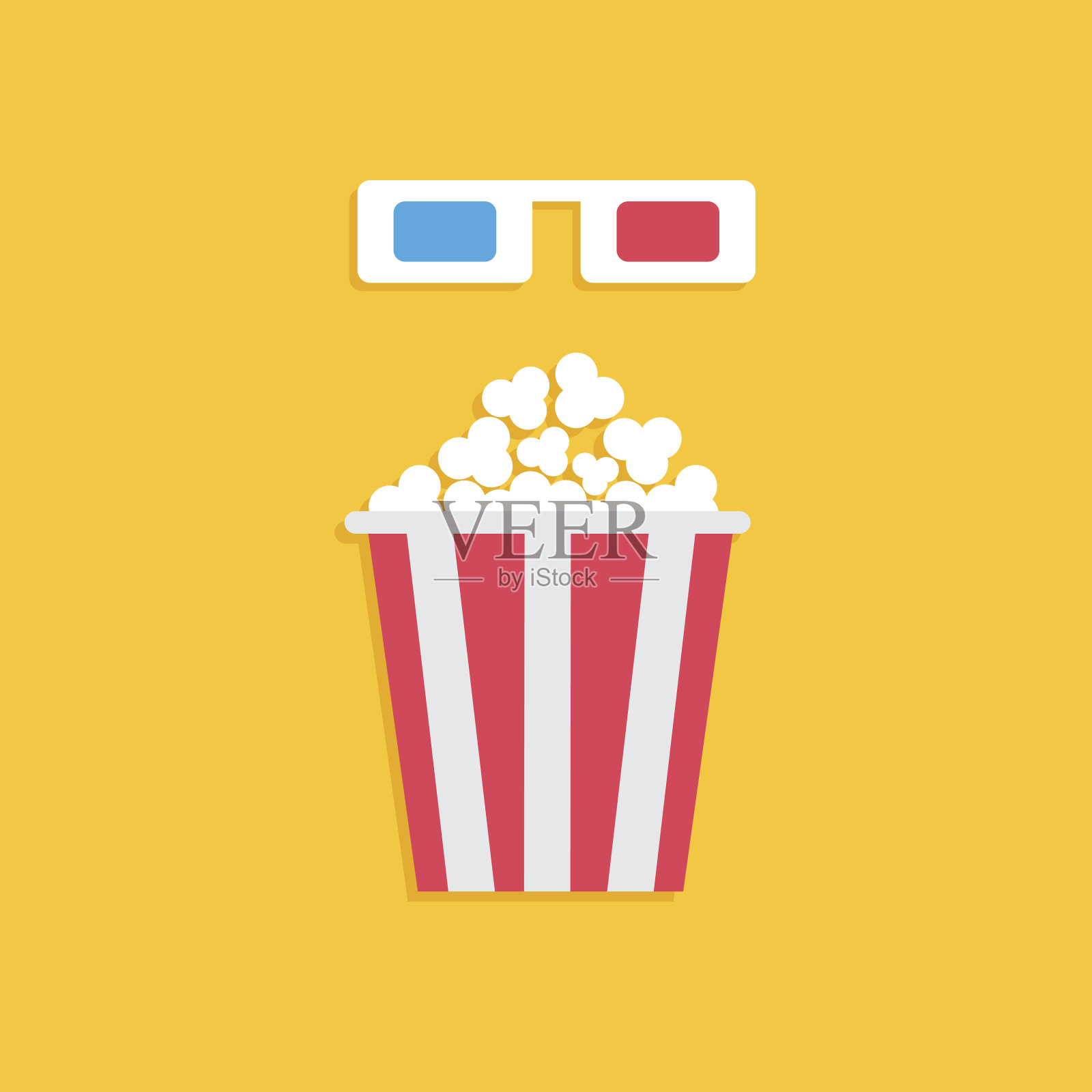 3D纸红蓝眼镜和大爆米花盒。电影电影图标在平面设计风格。黄色背景。插画图片素材