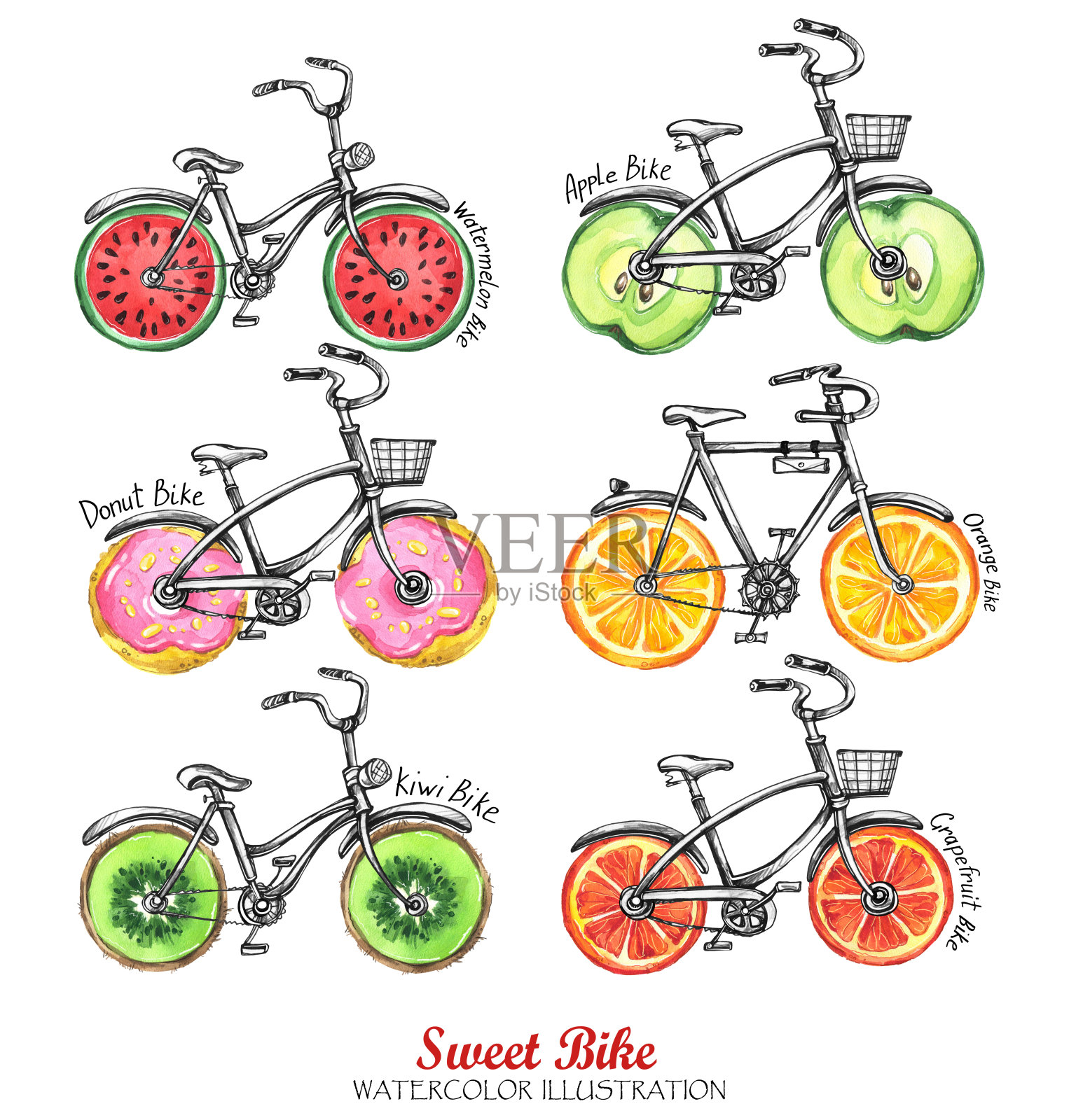 水彩自行车，新鲜水果，甜甜圈轮子。彩色的夏天插画图片素材
