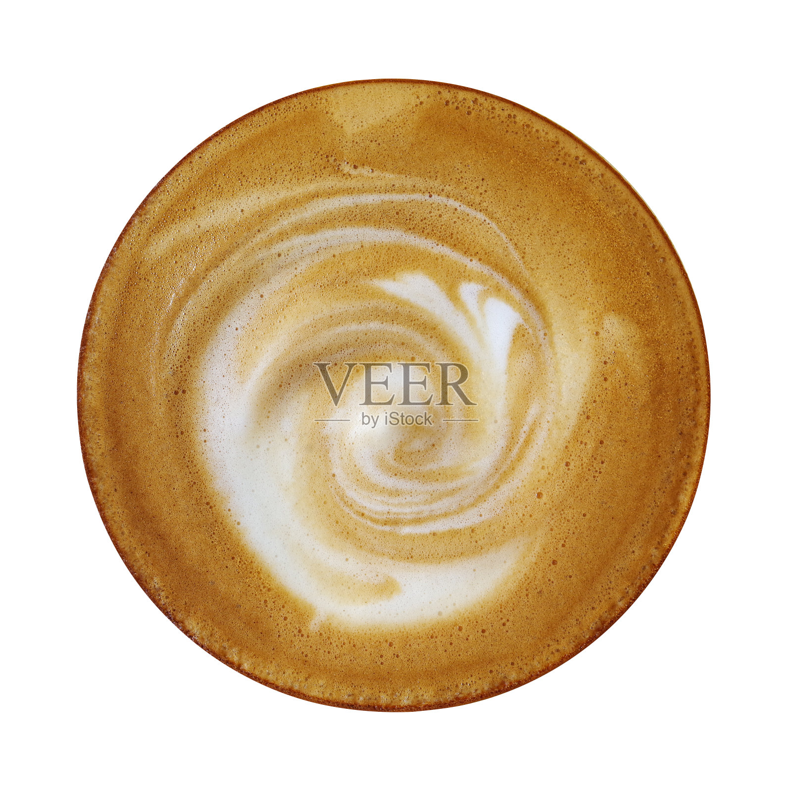 顶视图热咖啡卡布奇诺杯与螺旋奶泡隔离在白色背景，剪切路径包括。照片摄影图片