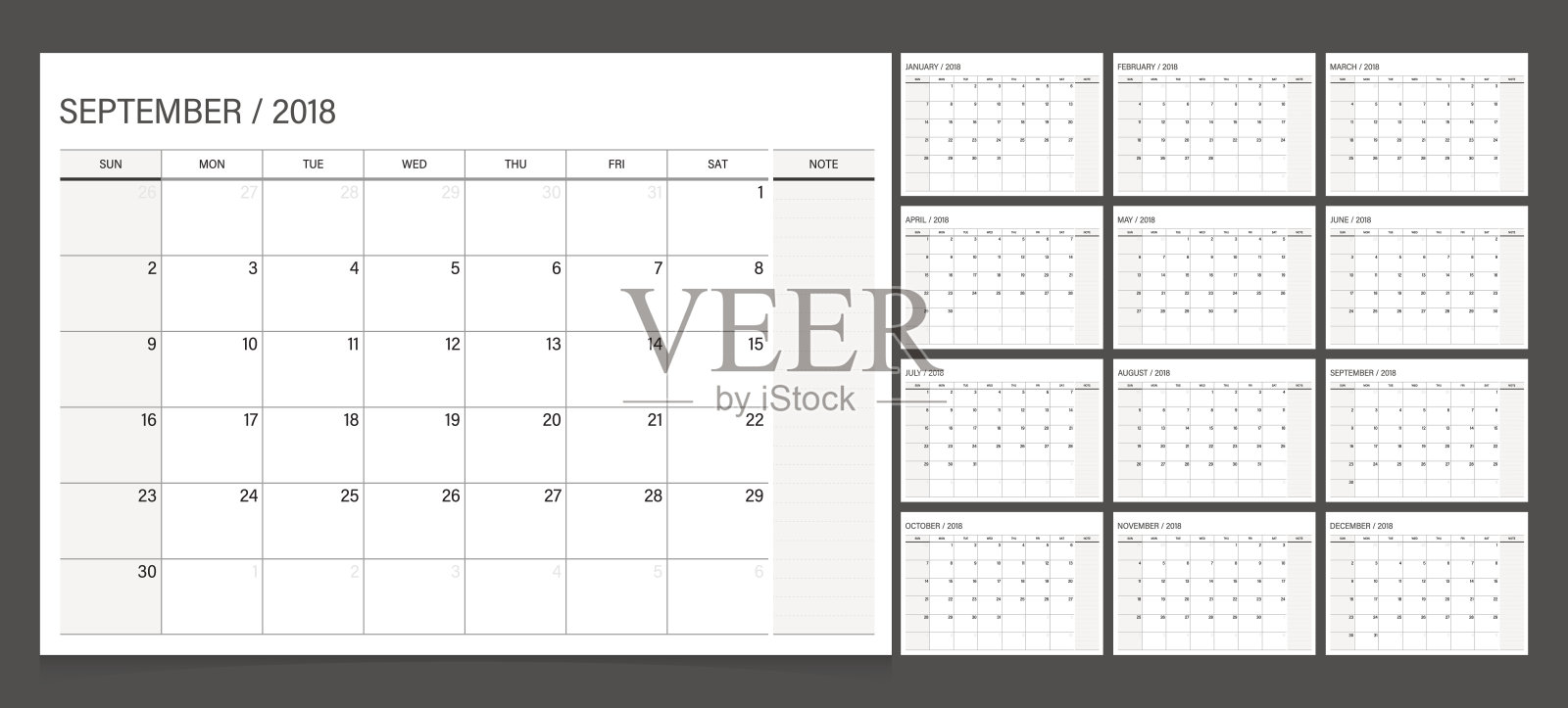 日历2018周从周日开始。日历计划公司设计模板。设计模板素材