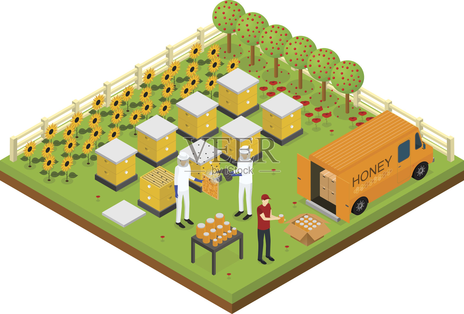 养蜂养蜂农场等距概念等距视图。向量插画图片素材