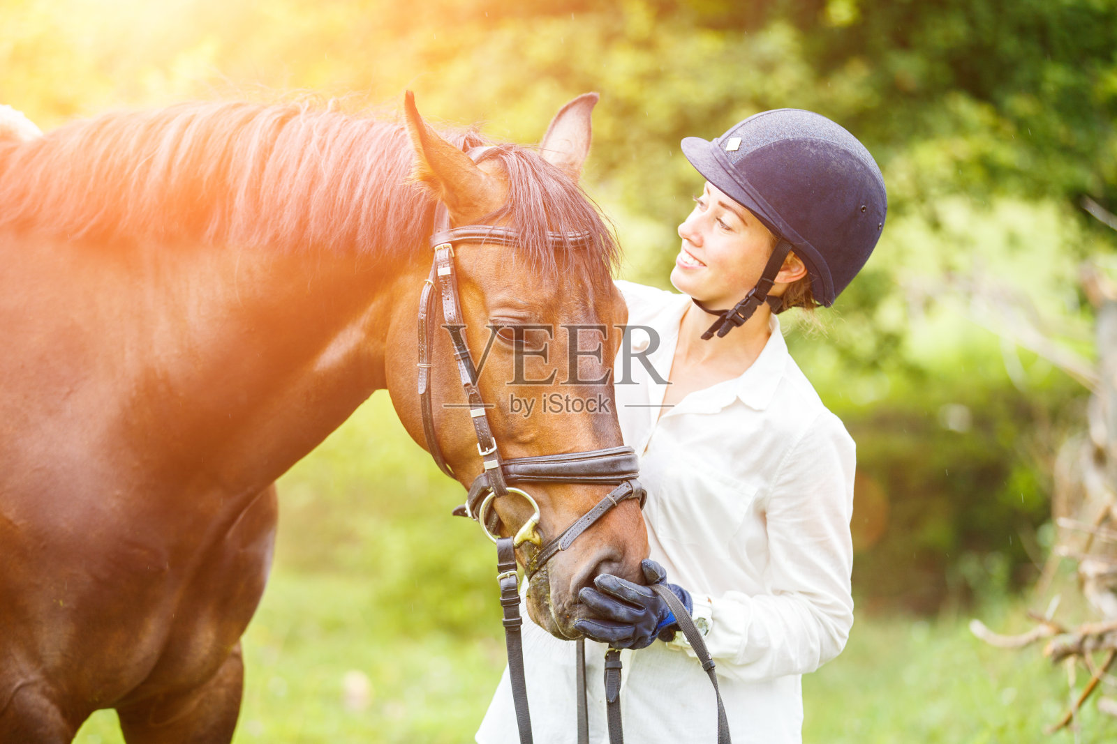 年轻漂亮的女骑手戴着头盔骑着马照片摄影图片