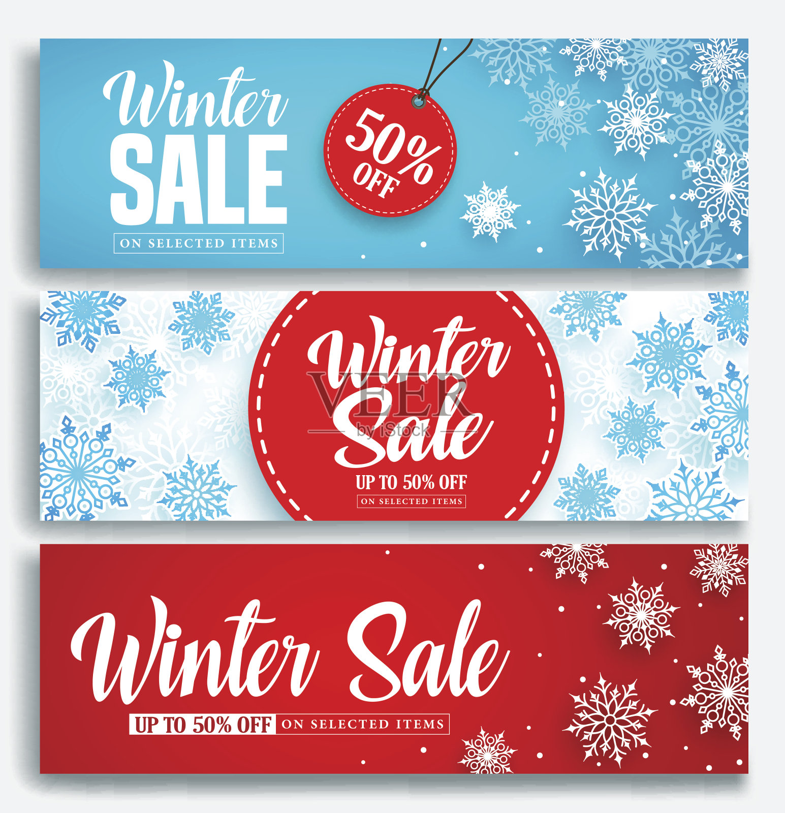 冬季销售旗帜设置折扣文本和雪元素设计元素图片
