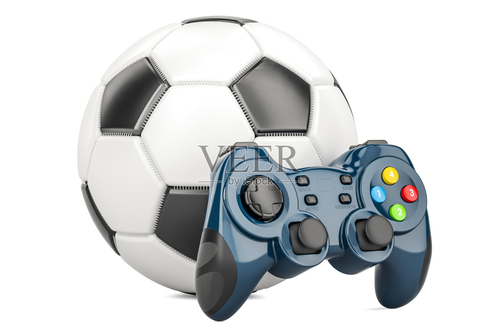 足球，电子游戏概念。带有手柄的足球，3D渲染照片摄影图片