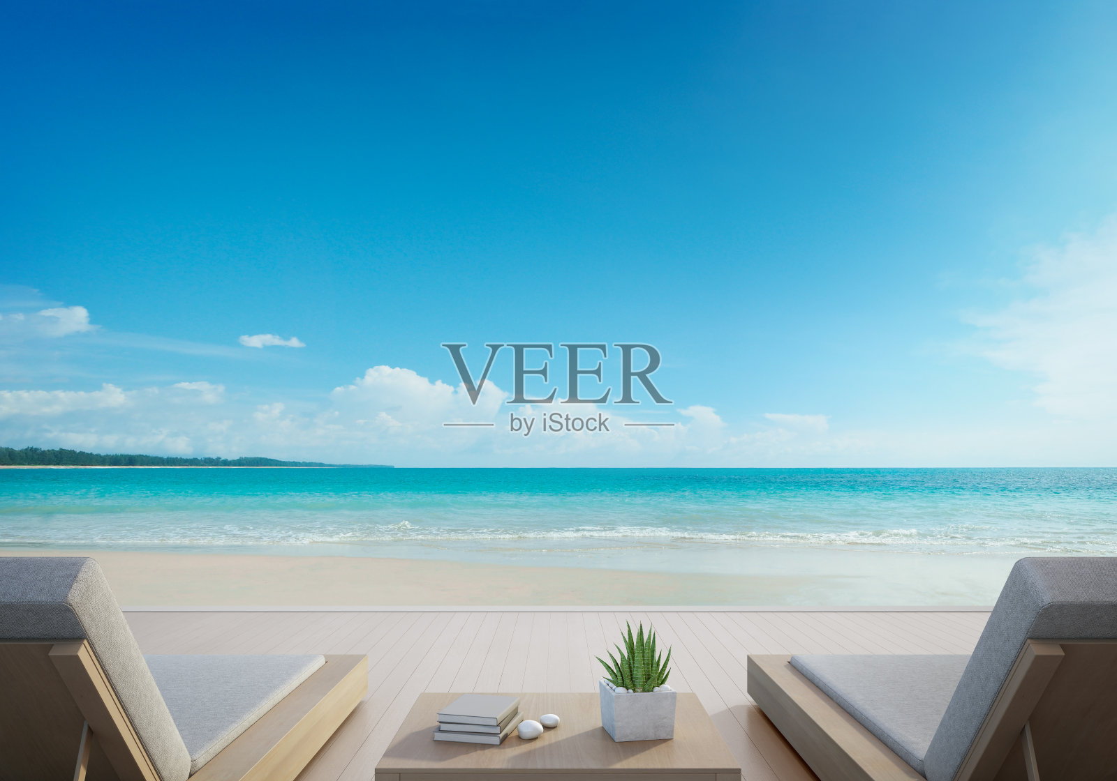 海景平台和床在现代豪华海滩别墅与蓝天背景，躺椅在木制甲板上度假的家或酒店照片摄影图片