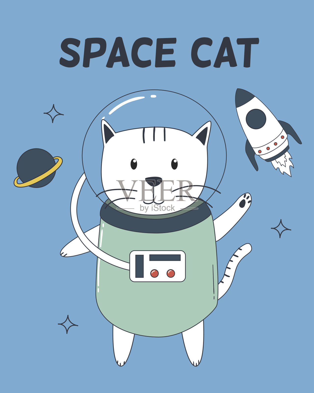 太空猫和太空服，火箭和行星插画图片素材