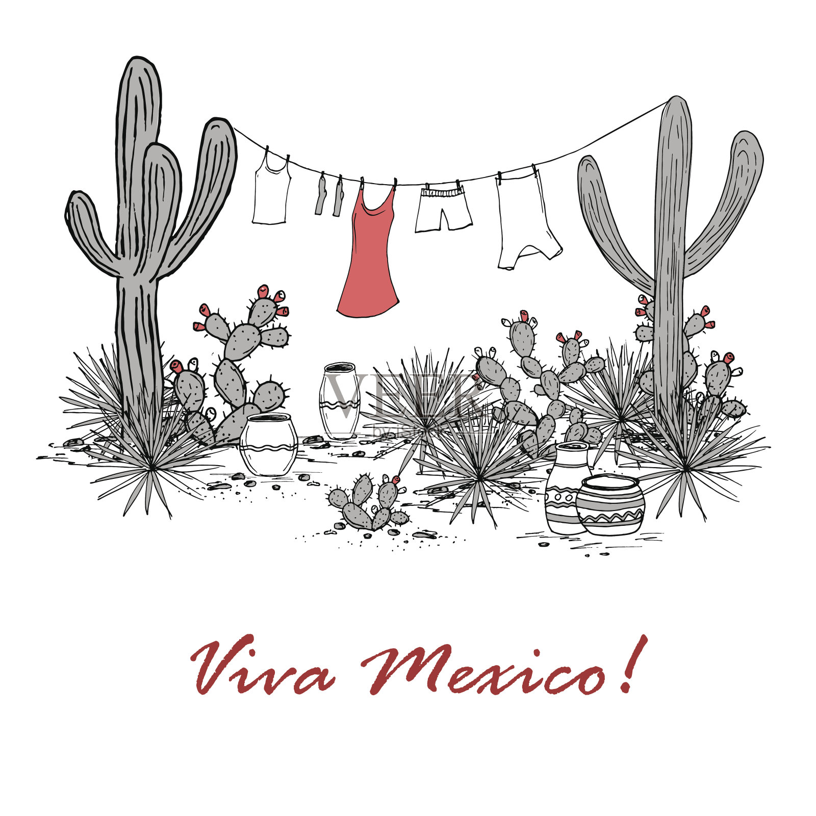 有趣的手绘插画与罐子，撒瓜罗，蓝色龙舌兰，刺梨，和衣服挂在晾衣绳上。拉丁美洲的背景。墨西哥万岁向量。插画图片素材