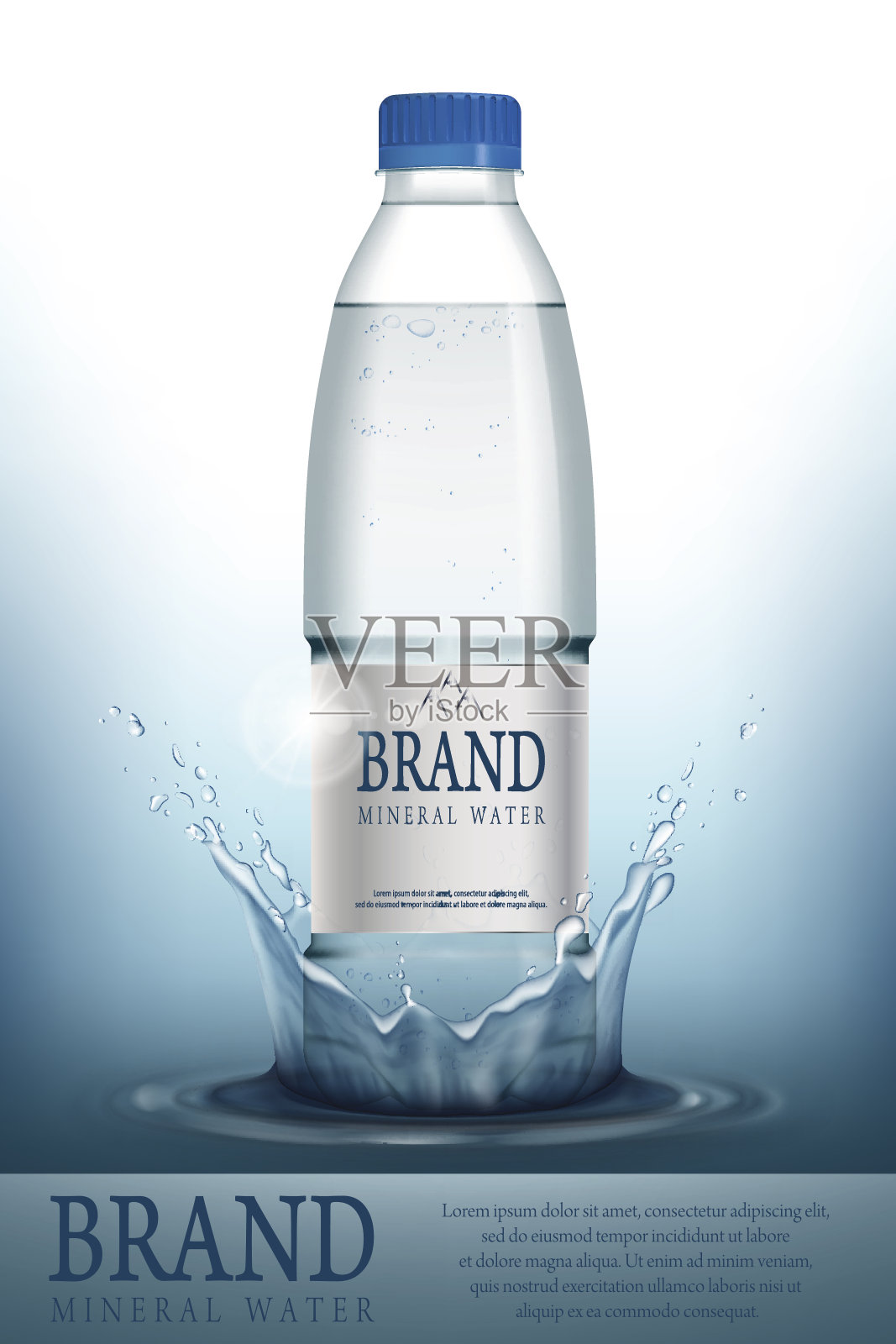 矿泉水现实瓶容器模型模板。透明饮料瓶与您的品牌为广告或杂志设计。3 d矢量图插画图片素材