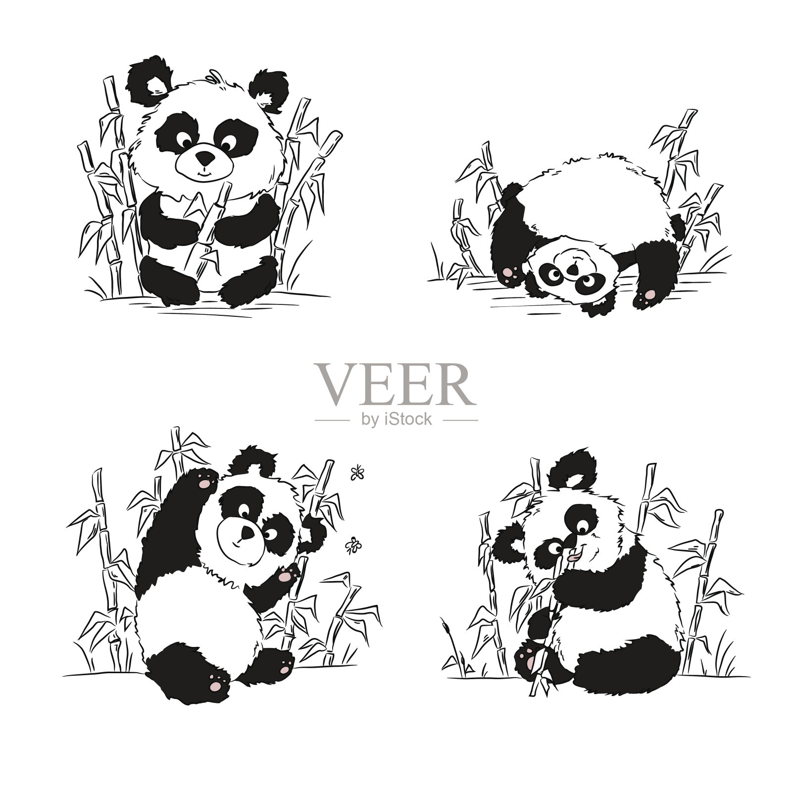 这是一组熊猫宝宝的素描。熊猫坐着，吃着，玩着。手绘。插画图片素材