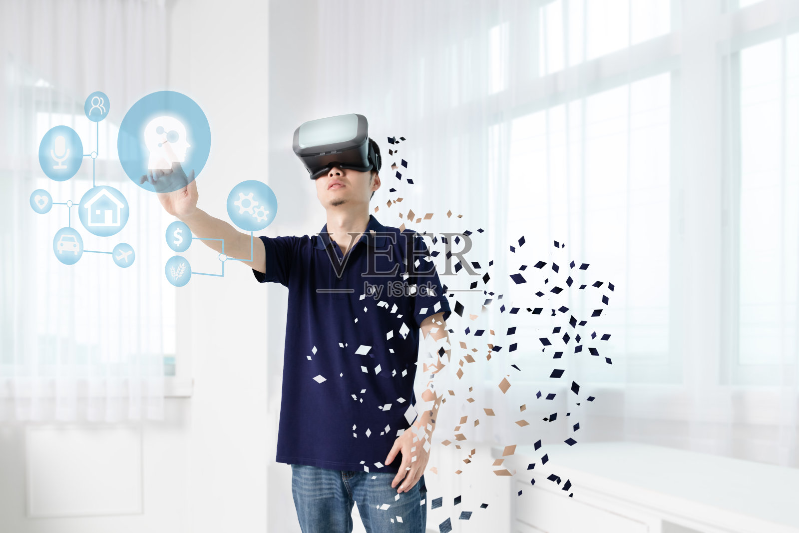 像素化的商人通过AI使用未来的VR照片摄影图片