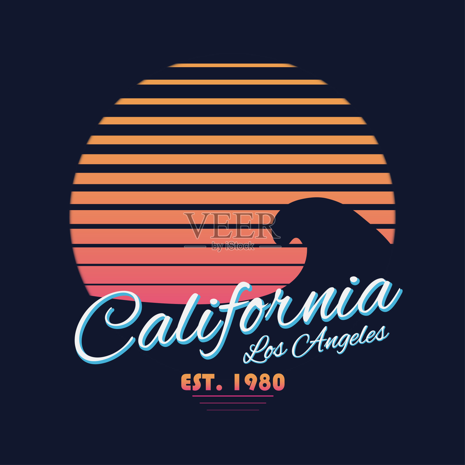80年代风格的复古加利福尼亚排版。复古t恤图形与热带天堂场景和波浪插画图片素材