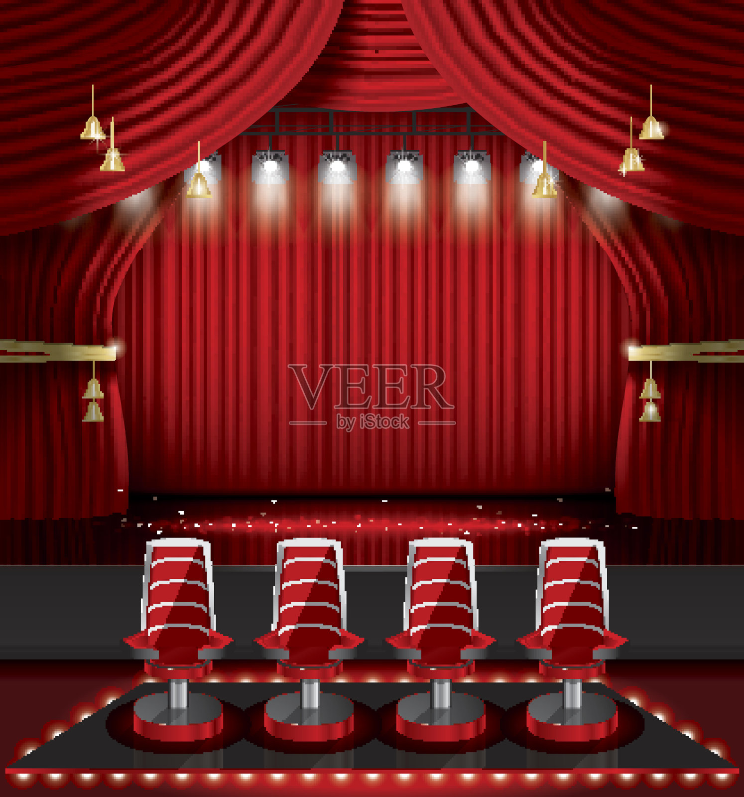红色舞台幕布，聚光灯和四个椅子。插画图片素材