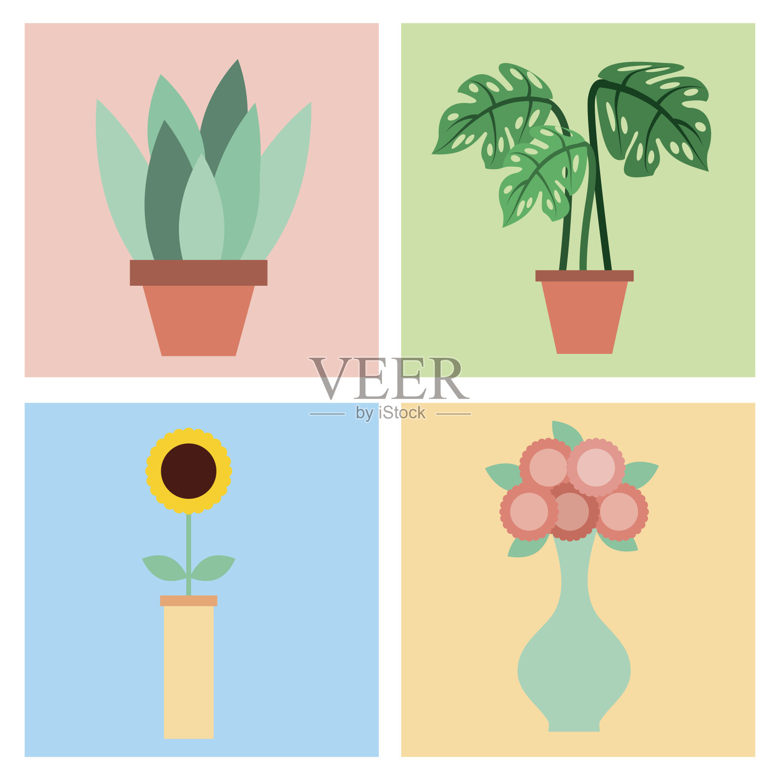 一套植物花卉花瓶和花盆装饰室插画图片素材