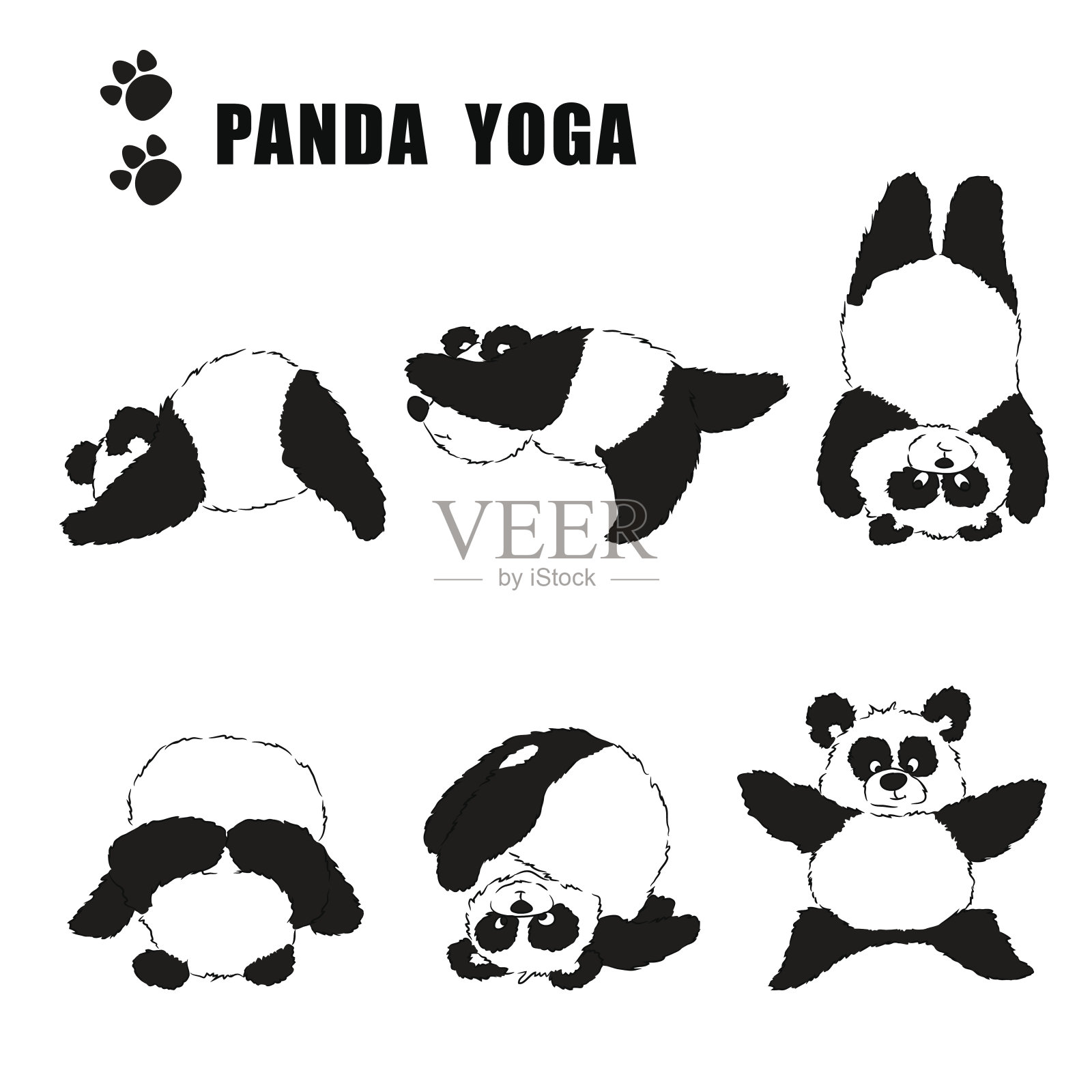 一组练瑜伽的熊猫。透明背景上的黑白图案插画图片素材