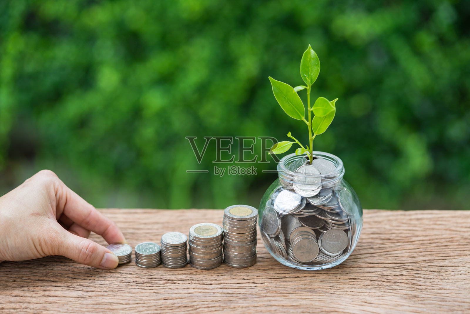 手持一堆硬币和罐子与生长芽植物作为金融投资理念照片摄影图片